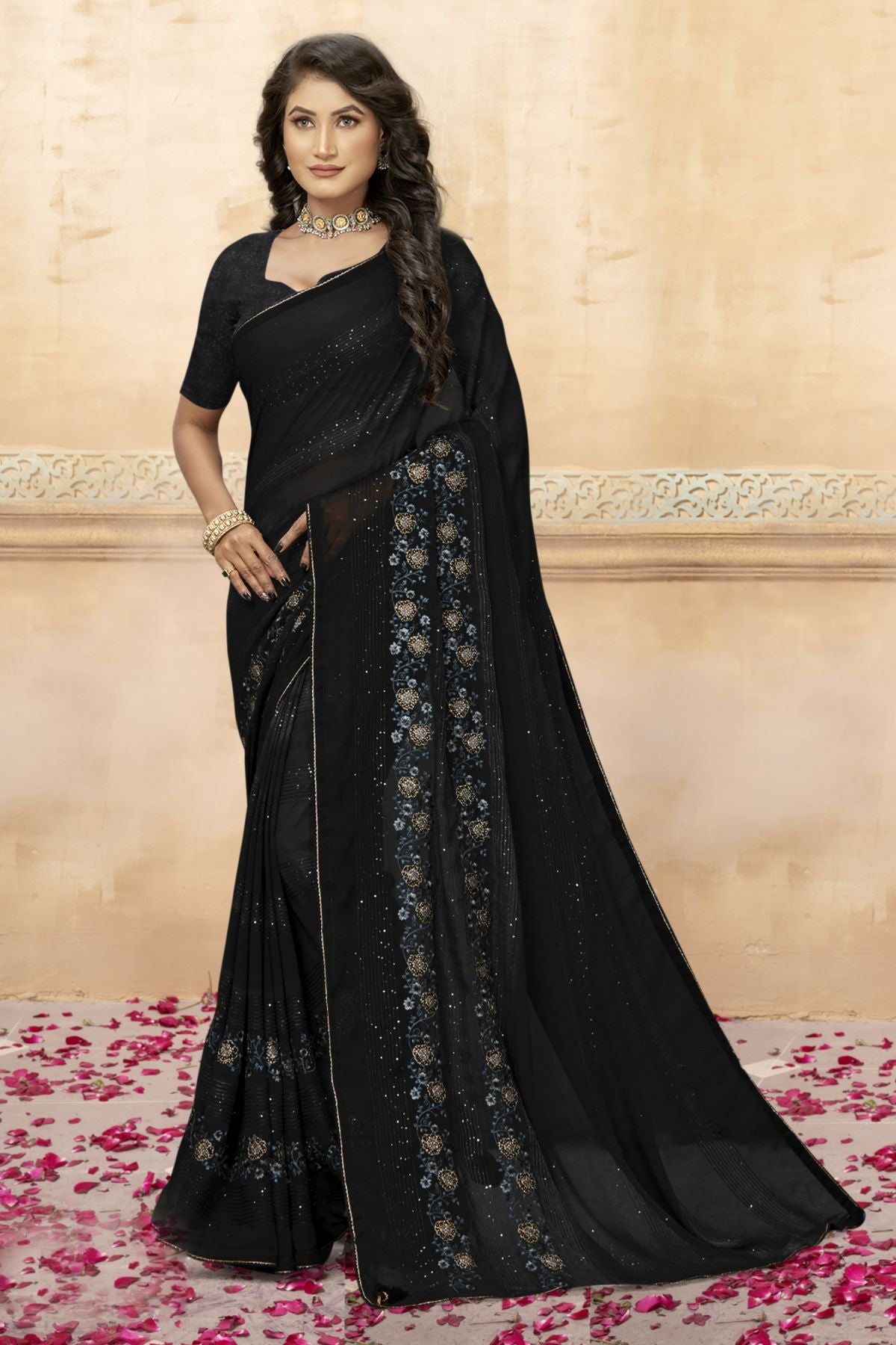 Elegant Black Georgette and Soft Silk Saree for Party & Wedding Wear