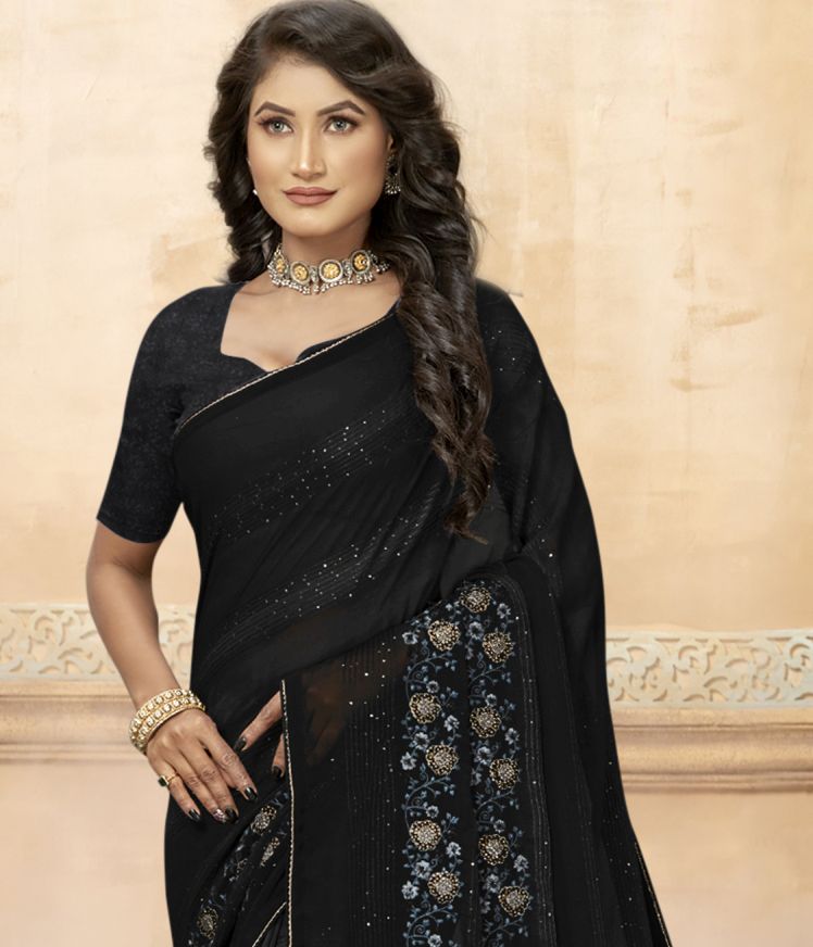 Elegant Black Georgette and Soft Silk Saree for Party & Wedding Wear