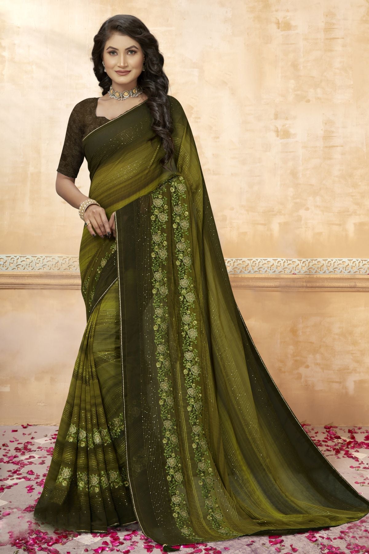 Enchanting Green Georgette & Soft Silk Saree: Perfect for Party & Wedding Wear