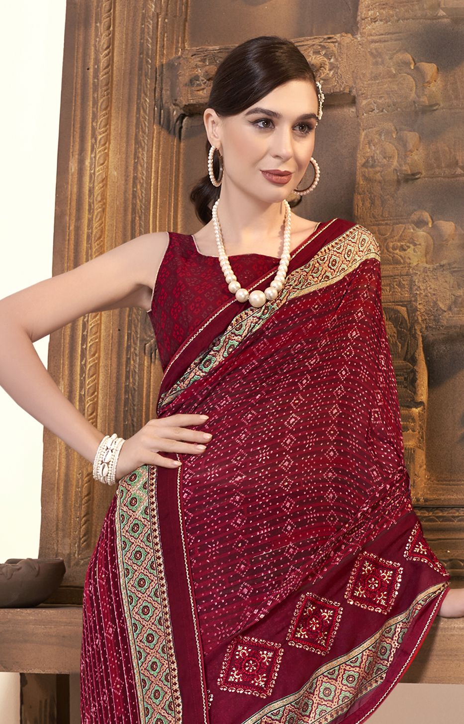 Elegant Maroon Moss Georgette & Soft Silk Saree: Perfect Party & Wedding Attire