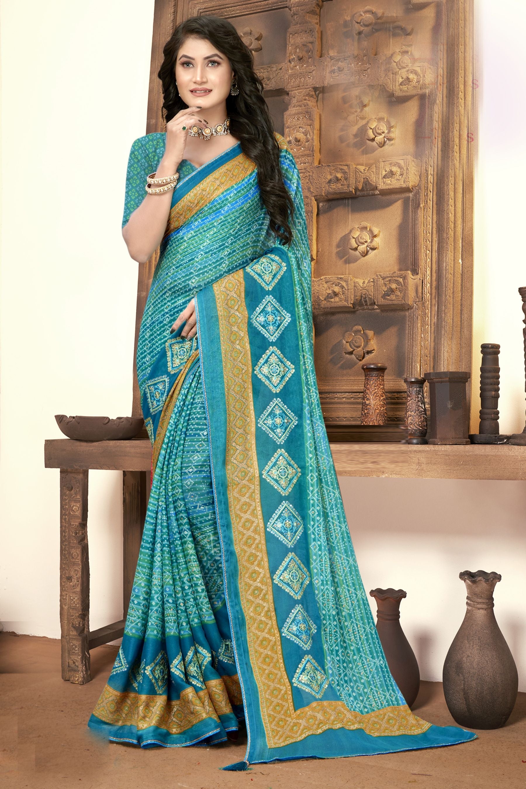 Turquoise Elegance: Party & Wedding Wear Moss Georgette Soft Silk Saree