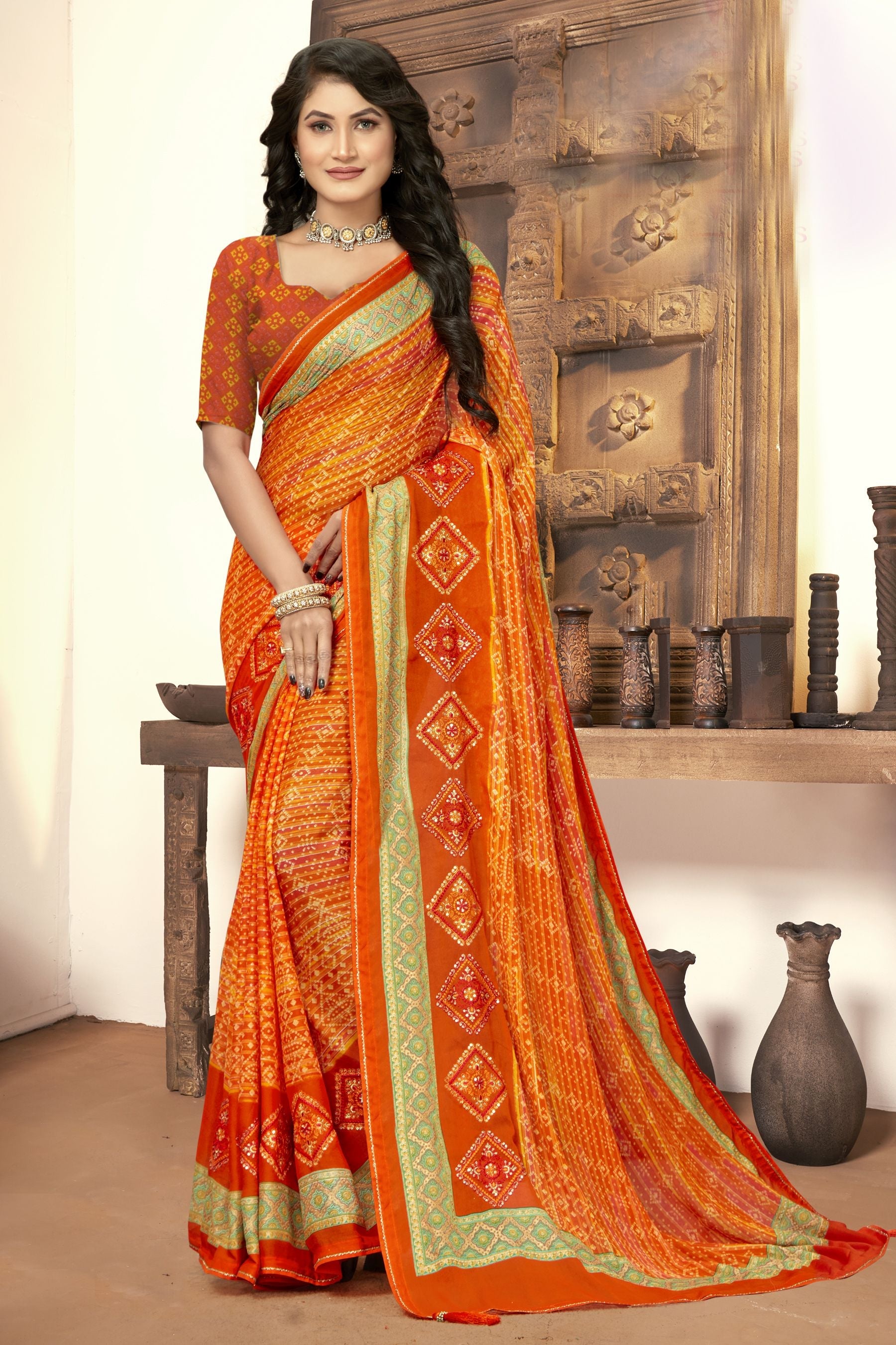 Elegant Orange Moss Georgette & Soft Silk Saree for Party & Wedding Wear