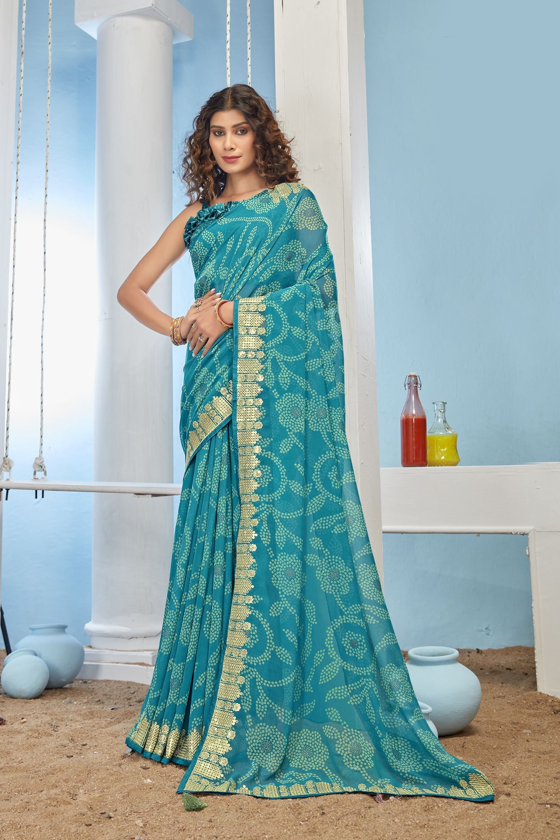 Elegant Green Moss Chiffon Brocade Saree: Perfect for Parties and Weddings