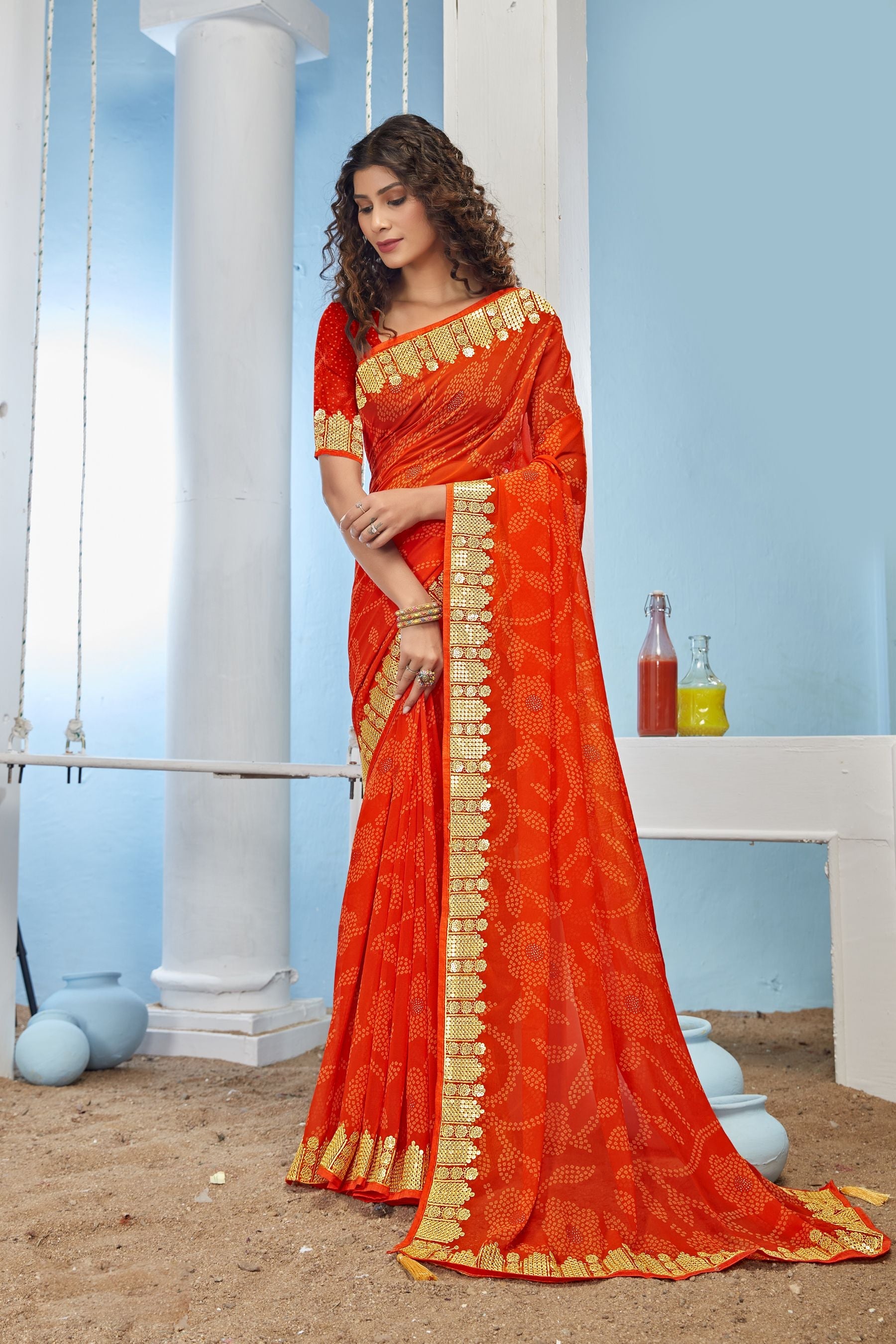 Elegant Orange Moss Chiffon Brocade Saree: Perfect for Parties & Weddings