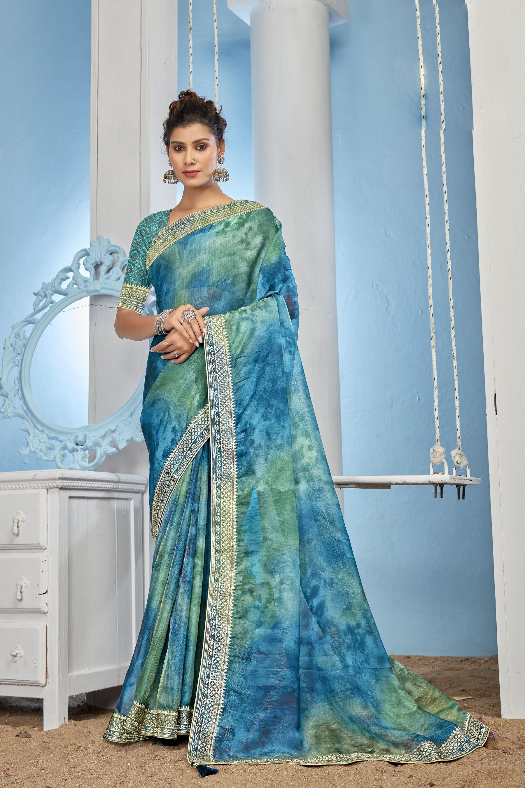 Elegance Embodied: Turquoise Organza Soft Silk Saree for Parties and Wedding