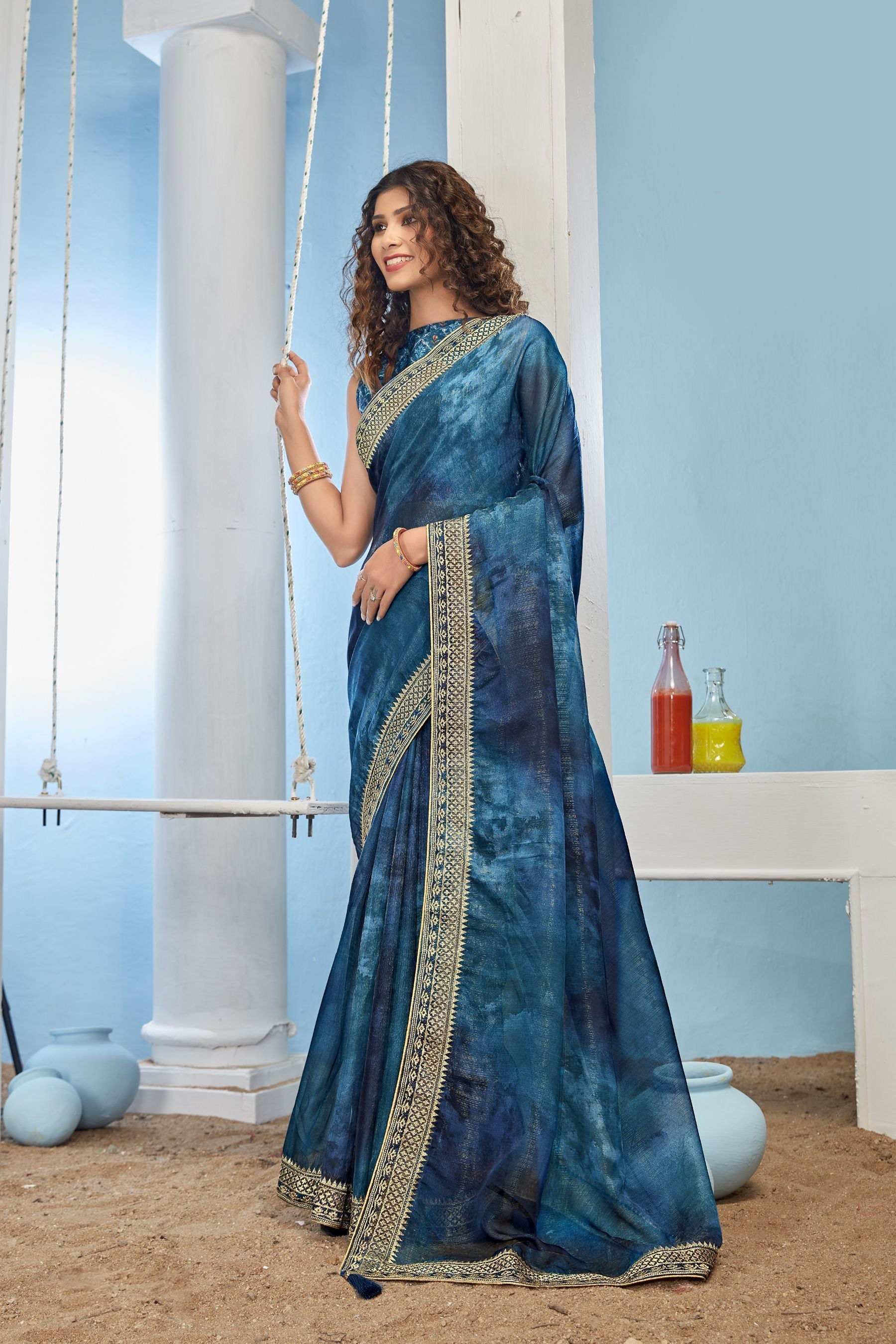 Enchanting Blue Organza Soft Silk Saree: Perfect Party & Wedding Wear