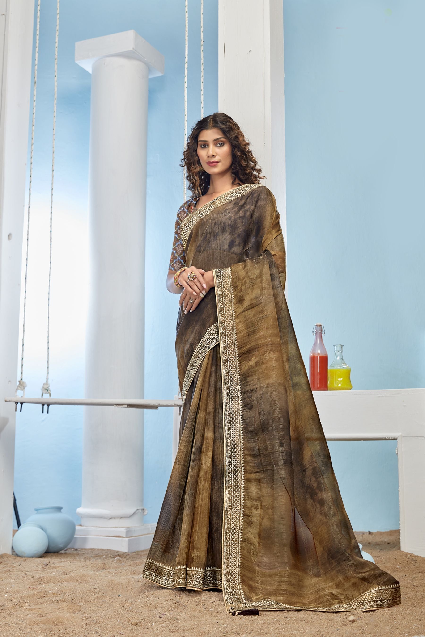 Coffee-Colored Organza Soft Silk Saree: Perfect Party & Wedding Wear