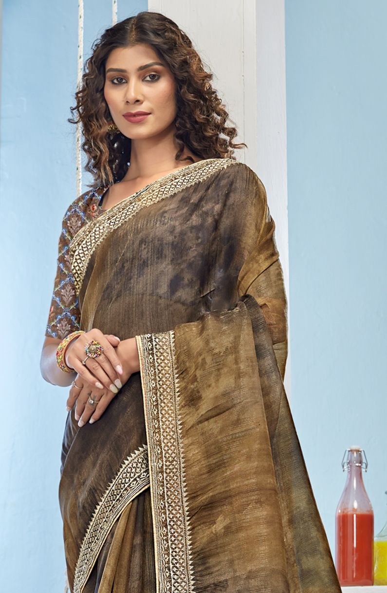 Coffee-Colored Organza Soft Silk Saree: Perfect Party & Wedding Wear