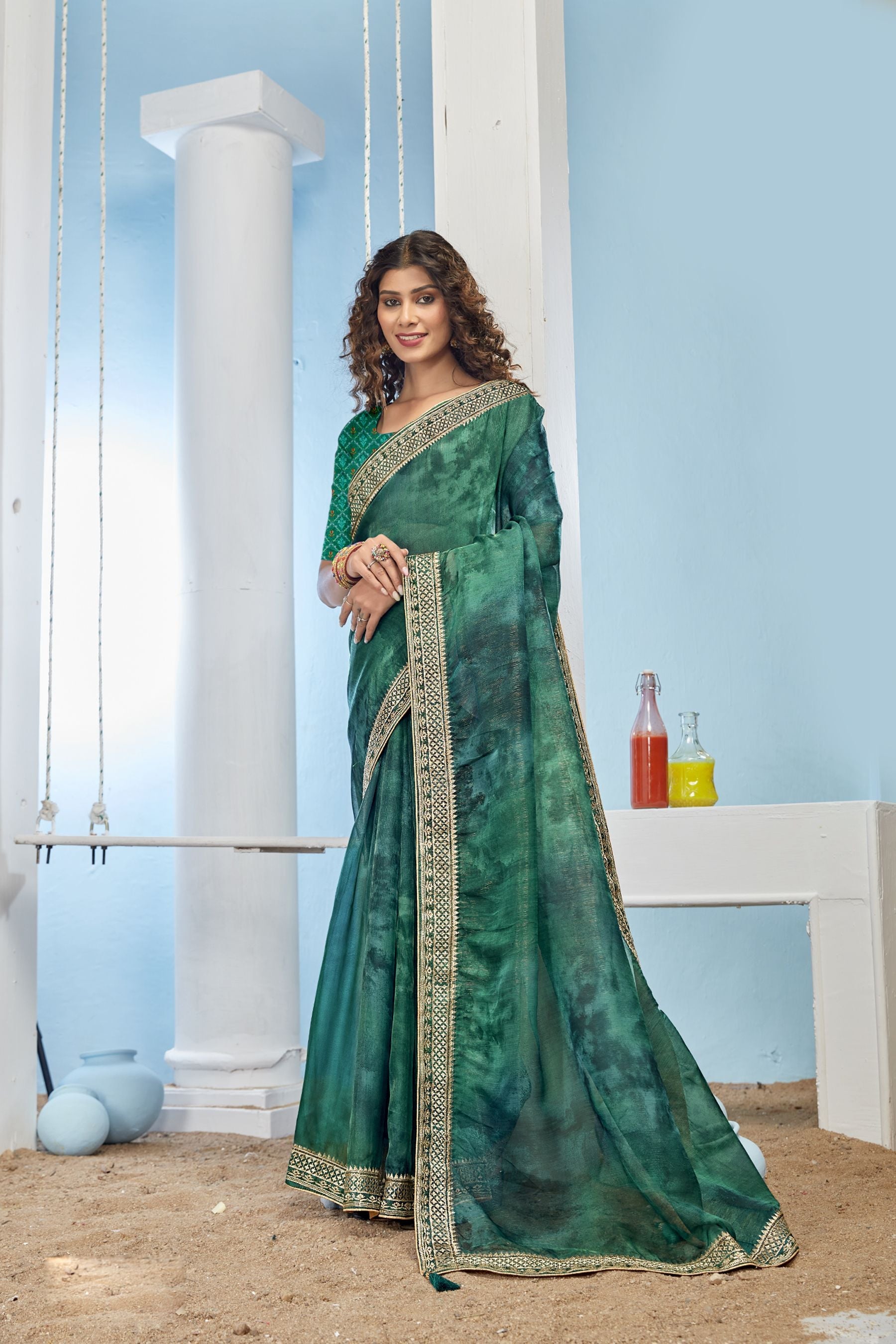 Enchanting Green Organza Soft Silk Saree: Perfect Party & Wedding Wear