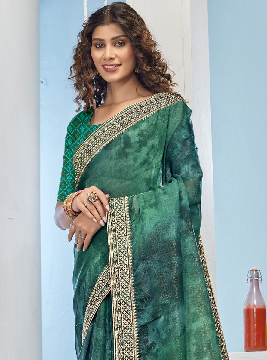 Enchanting Green Organza Soft Silk Saree: Perfect Party & Wedding Wear