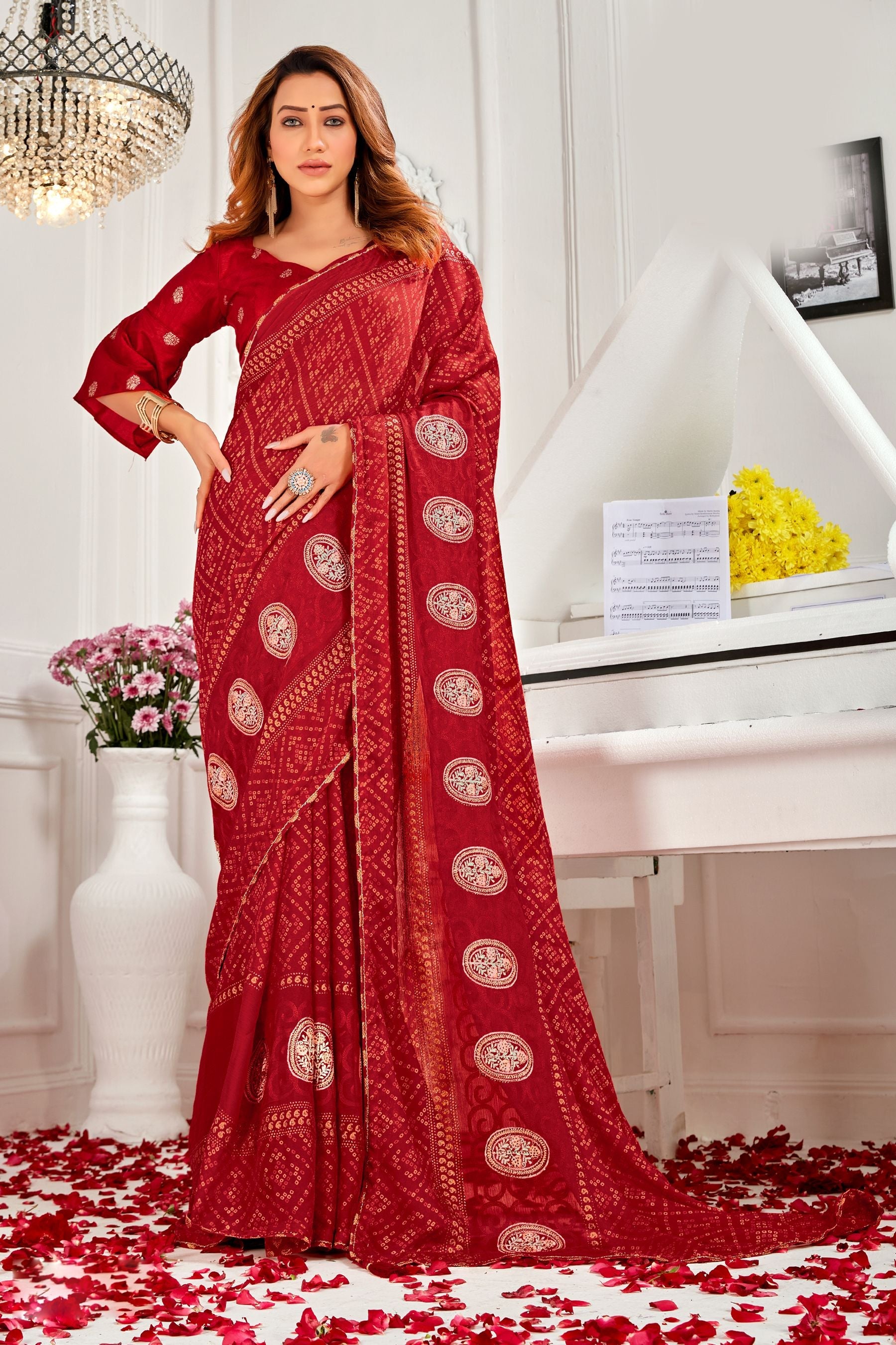 Enchanting Maroon Moss Chiffon Brocade Saree: Perfect Party & Wedding Wear!