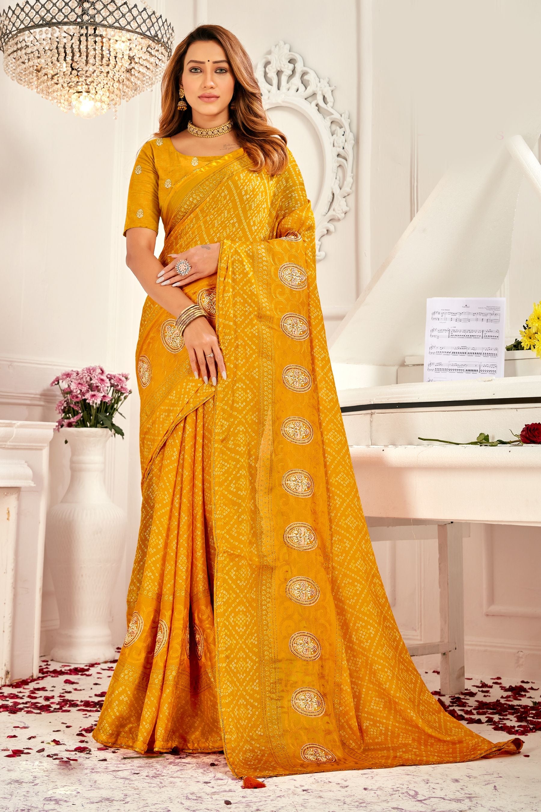 Elegant Orange Moss Chiffon Brocade Saree: Perfect for Party & Wedding Wear