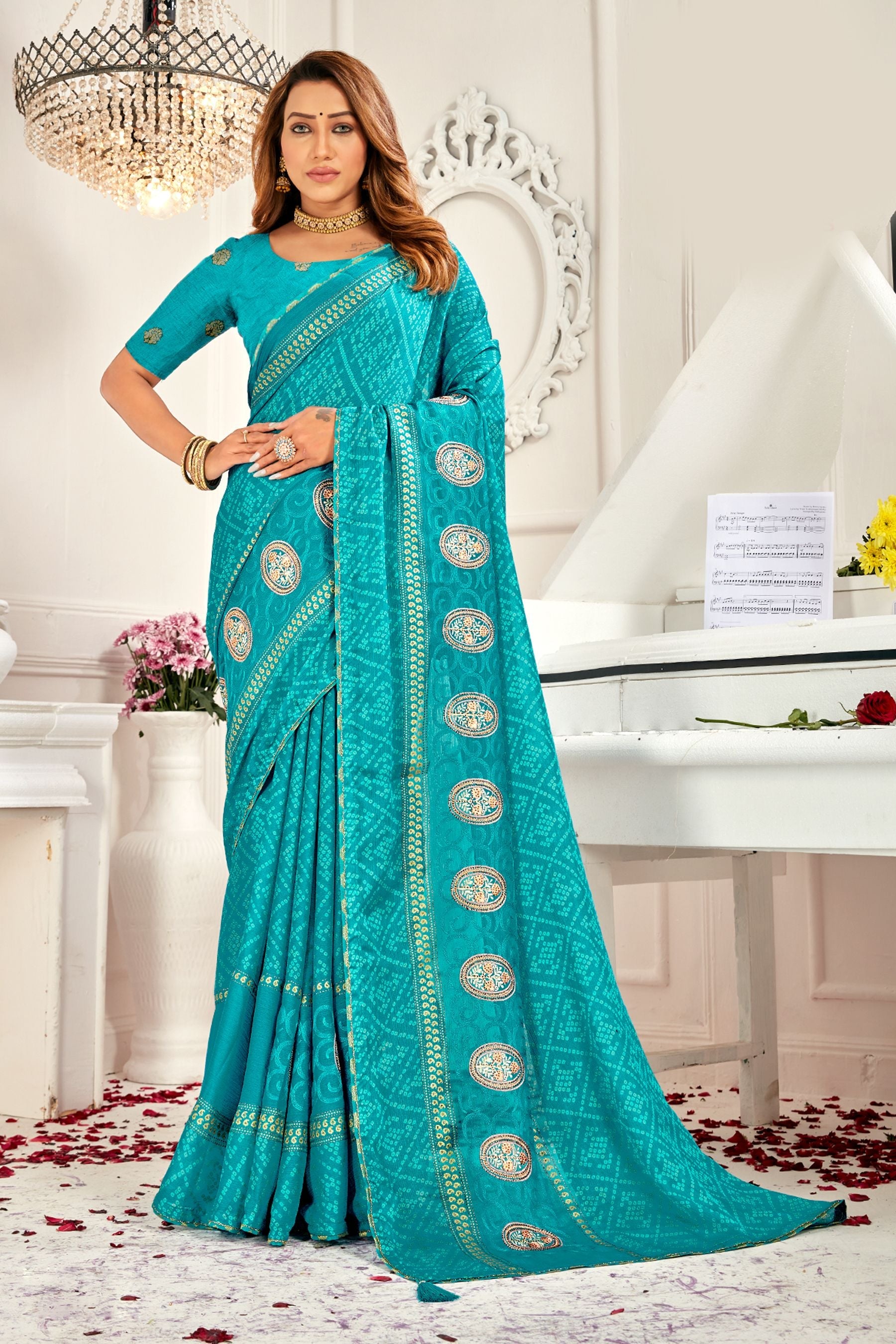 Elegant Turquoise Moss Chiffon Brocade Saree for Party & Wedding Wear