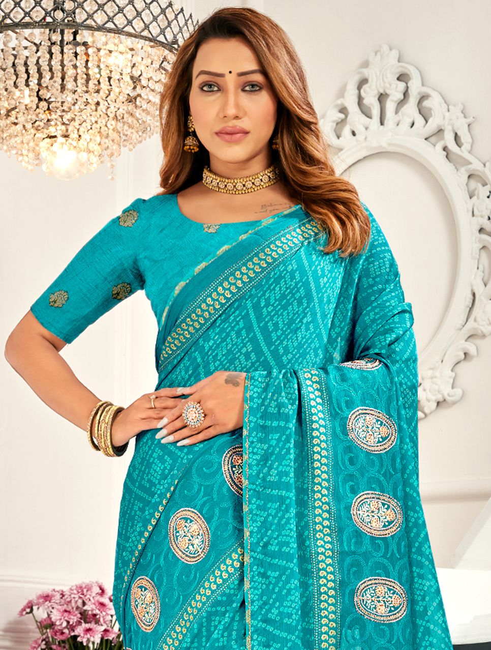 Elegant Turquoise Moss Chiffon Brocade Saree for Party & Wedding Wear