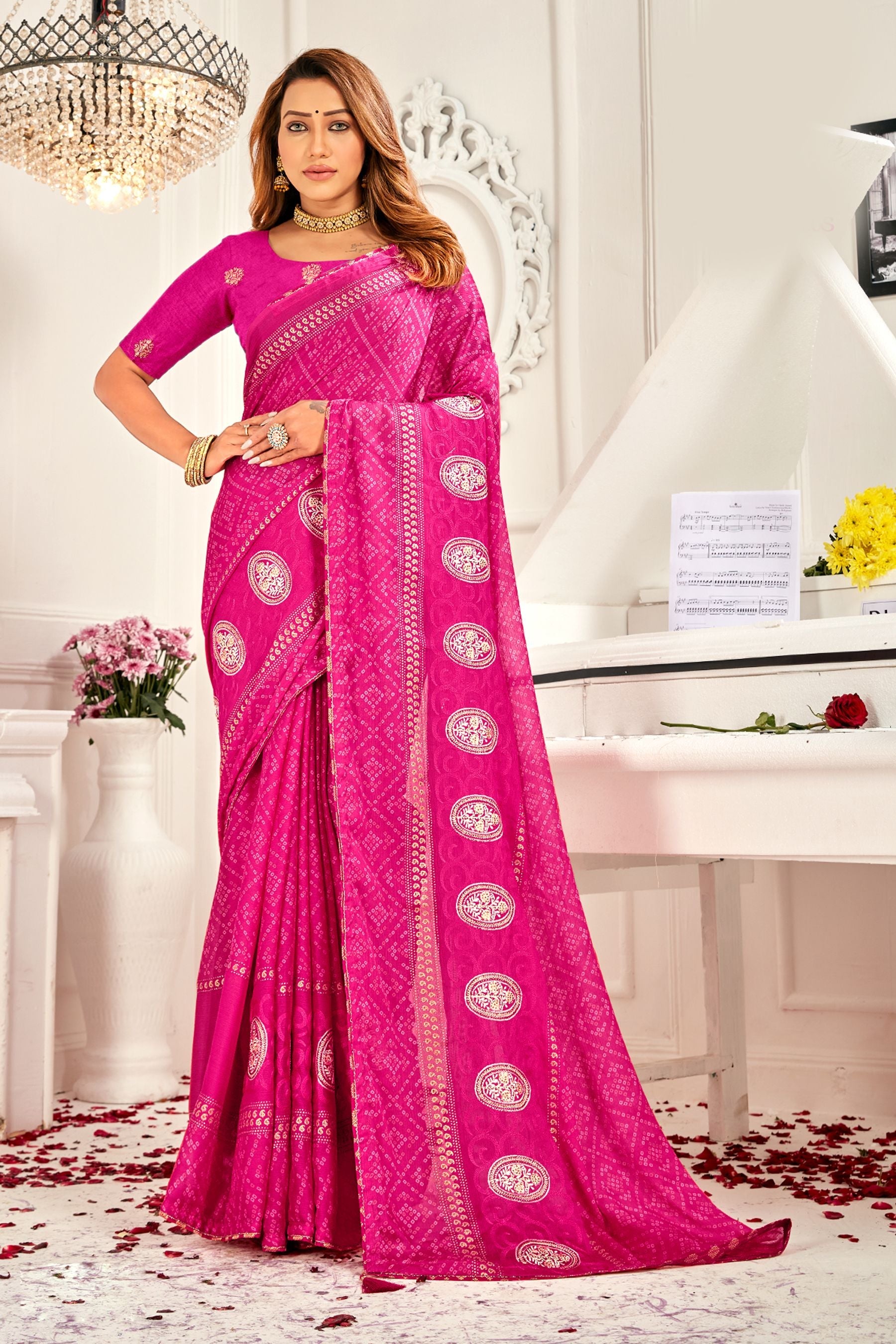 Elegant Pink Moss Chiffon Brocade Saree for Party and Wedding Wear