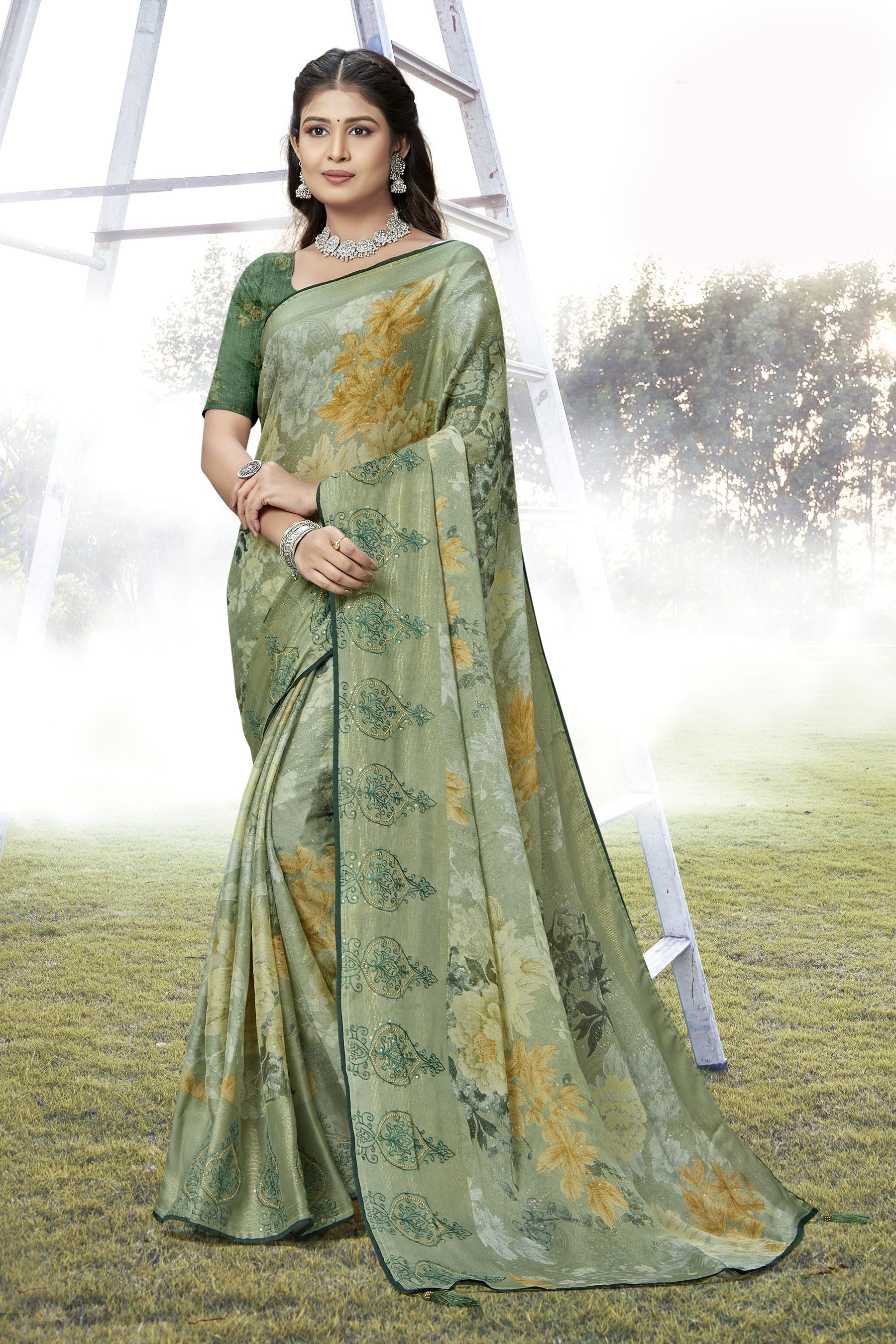 Elegant Pickel Green Chiffon Art Silk Saree for Party & Wedding Wear