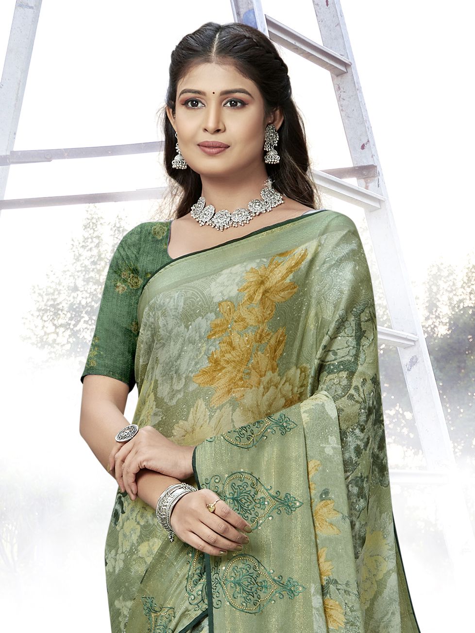 Elegant Pickel Green Chiffon Art Silk Saree for Party & Wedding Wear