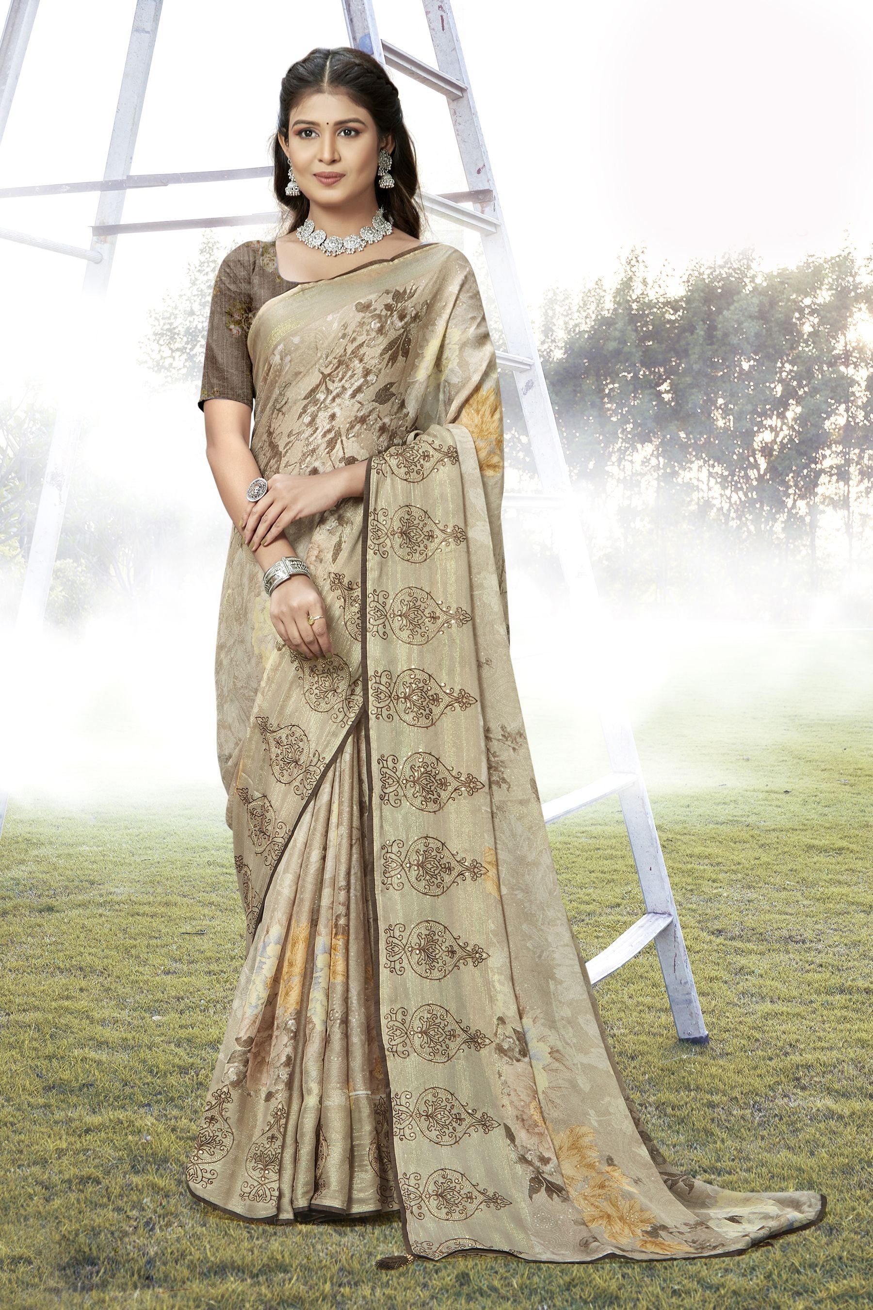 Tortilla Brown Chiffon Art Silk Saree: Party & Wedding Wear Elegance