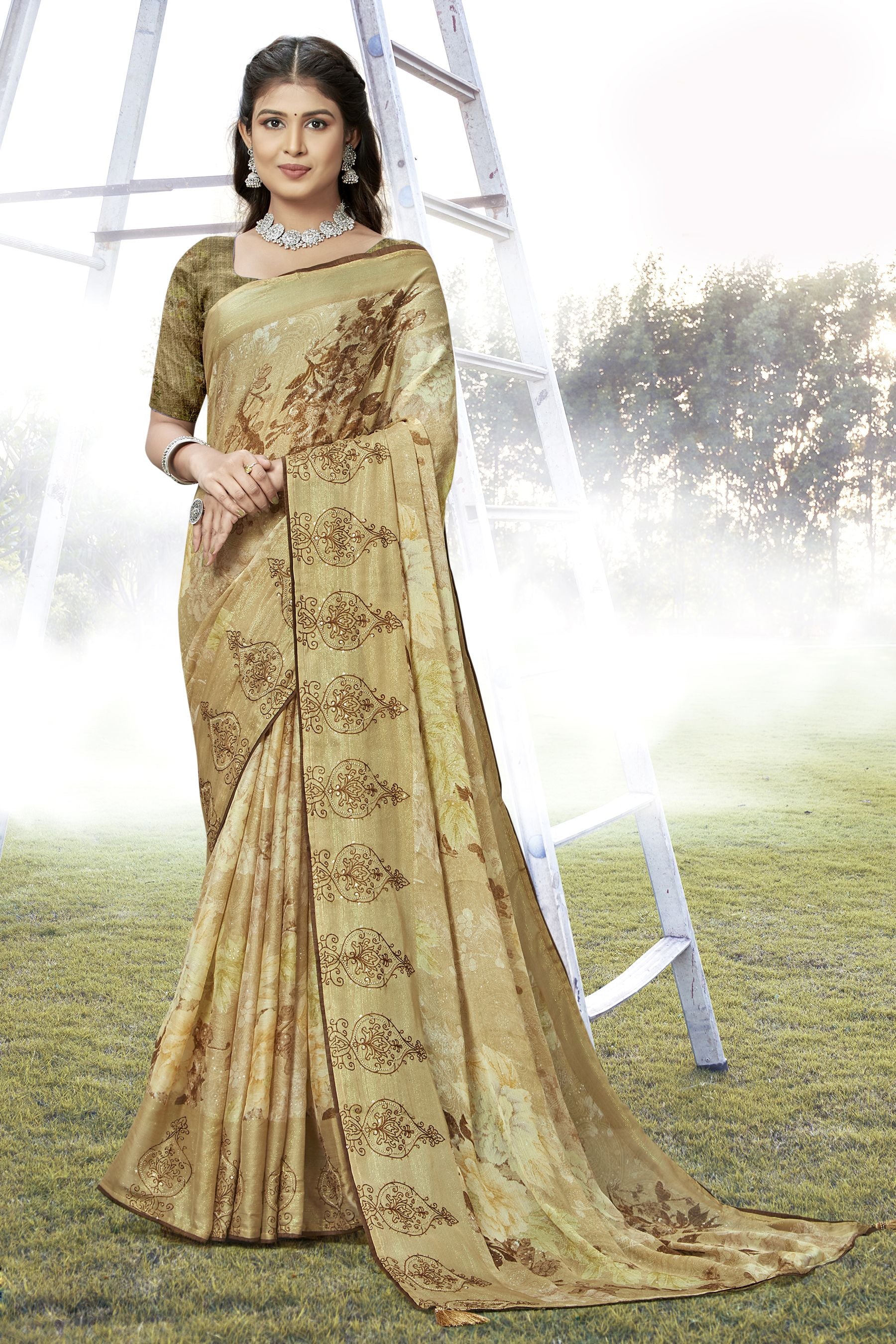 Peanut Brown Chiffon Art Silk Saree: Perfect for Party & Wedding Wear