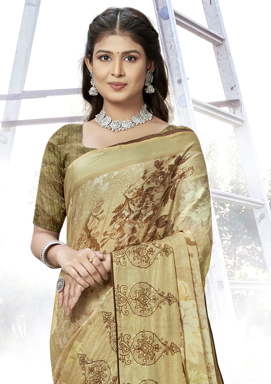 Peanut Brown Chiffon Art Silk Saree: Perfect for Party & Wedding Wear