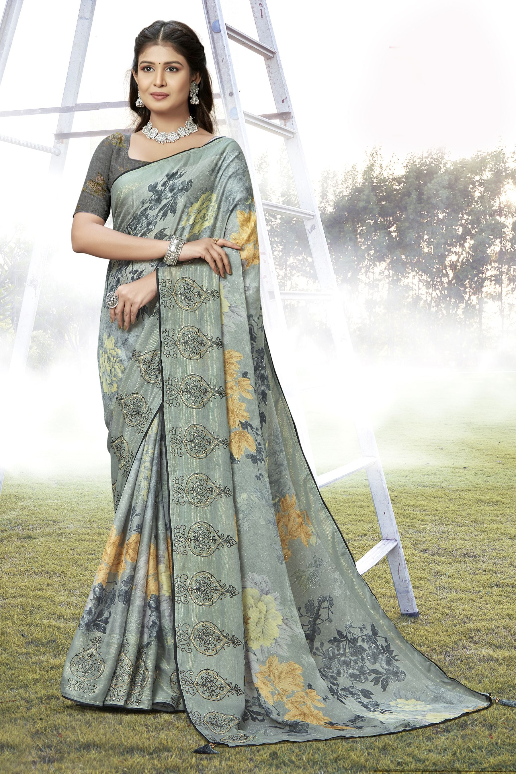 Graceful Grey Chiffon Art Silk Saree: Perfect Party & Wedding Wear