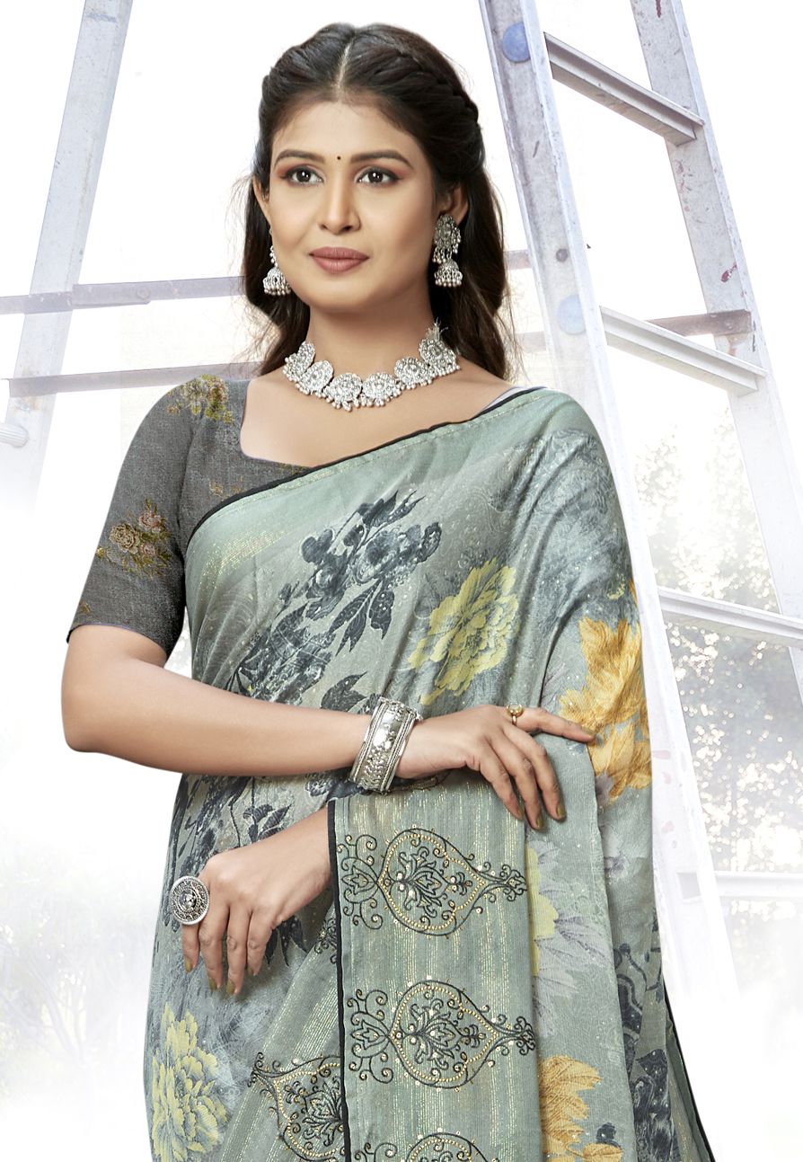 Graceful Grey Chiffon Art Silk Saree: Perfect Party & Wedding Wear