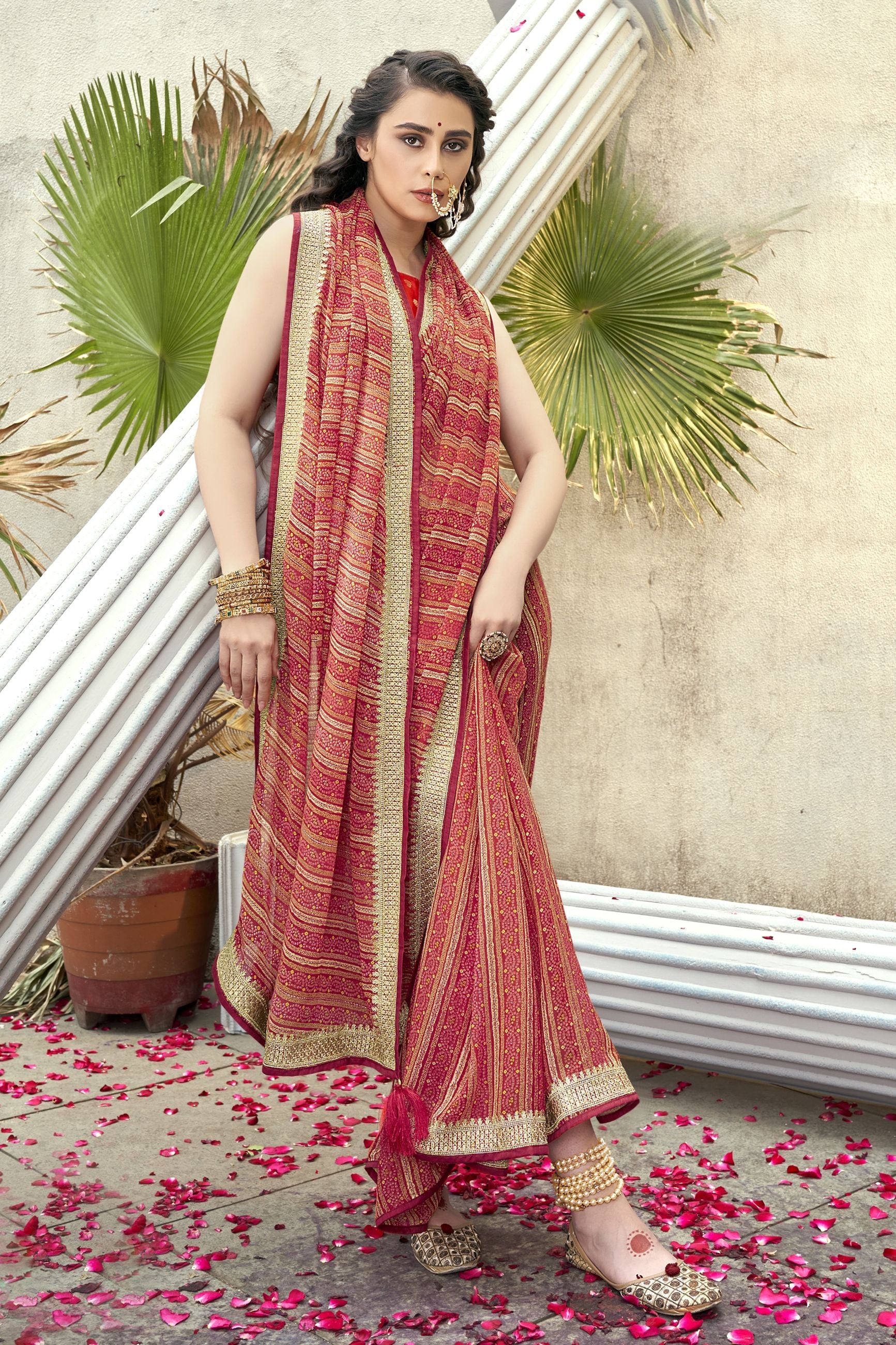 Elegant Red Georgette Art Silk Saree: Perfect for Parties and Weddings