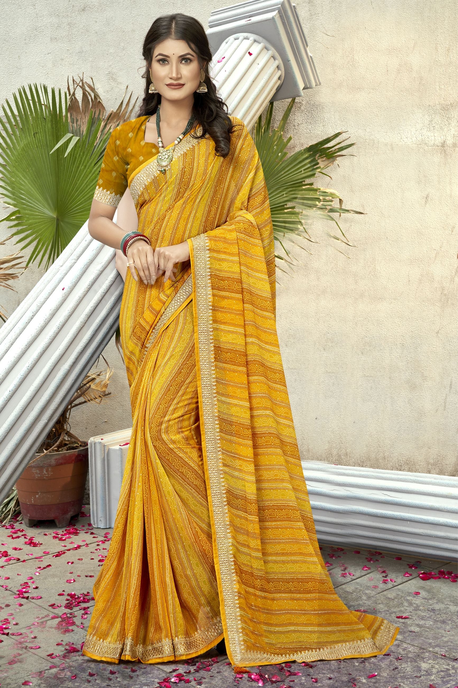 Elegant Yellow Georgette Art Silk Saree for Party & Wedding Wear