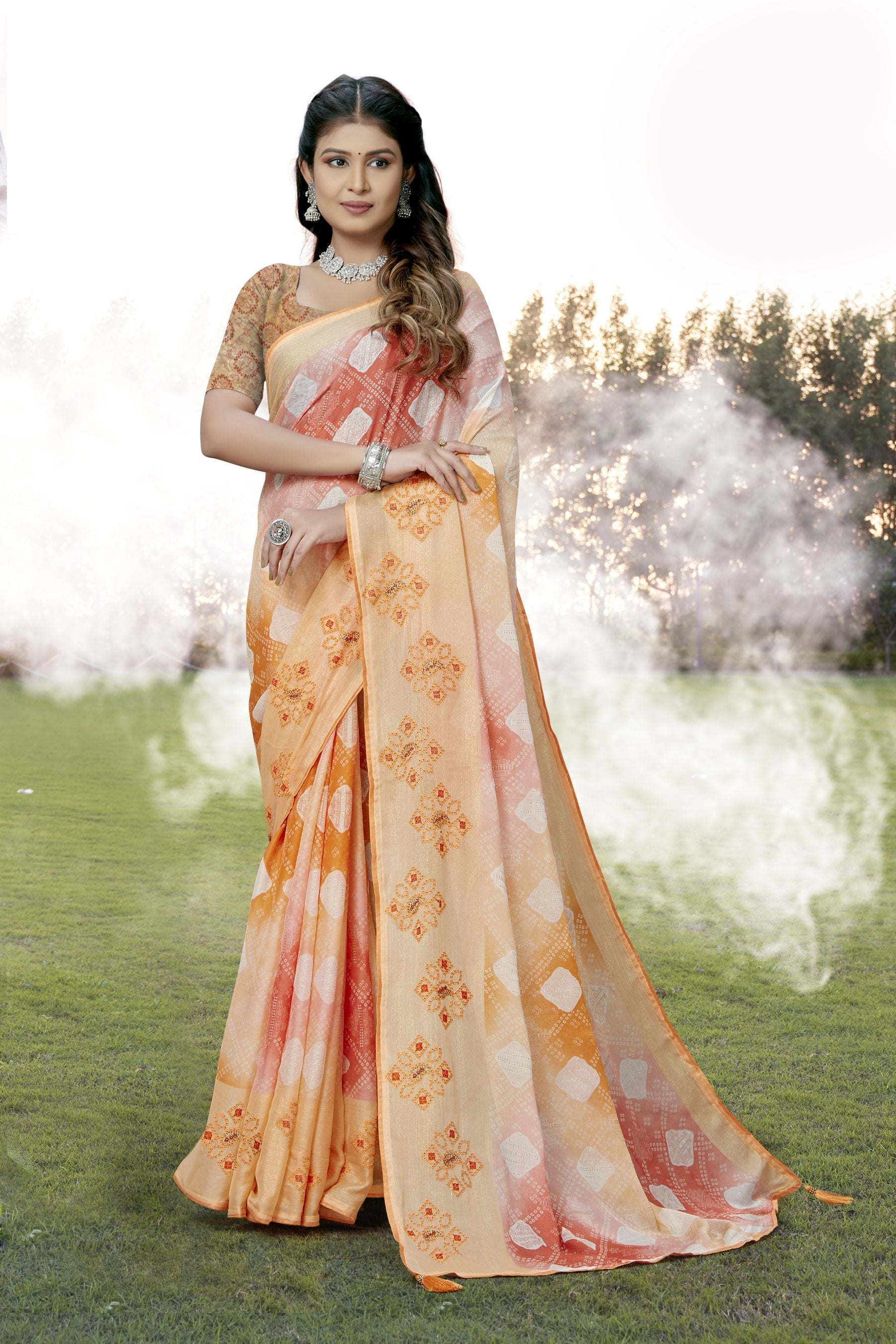 Elegant Orange Chiffon Art Silk Saree for Party & Wedding Wear