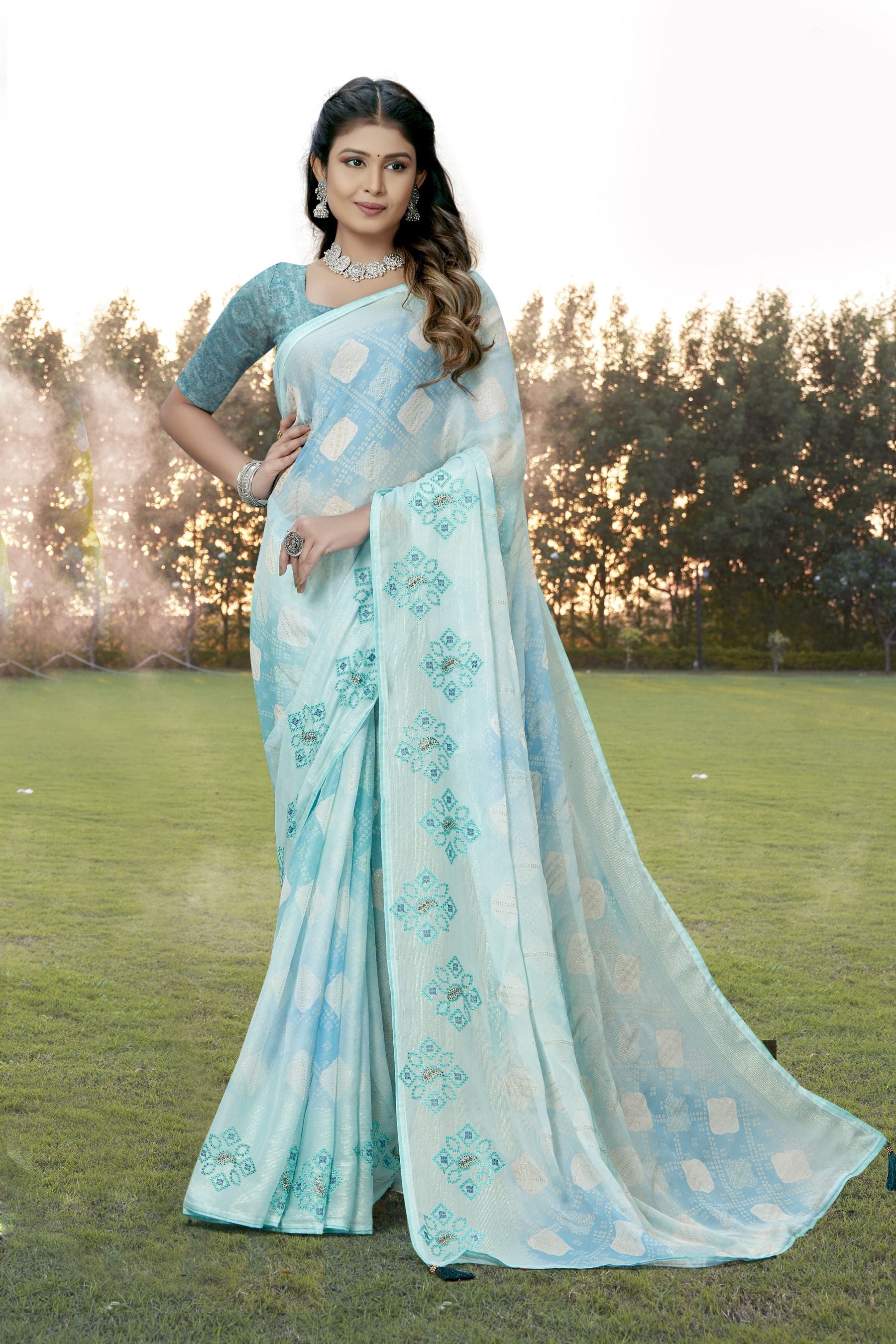 Elegant Skyblue Chiffon Art Silk Saree for Party & Wedding Wear