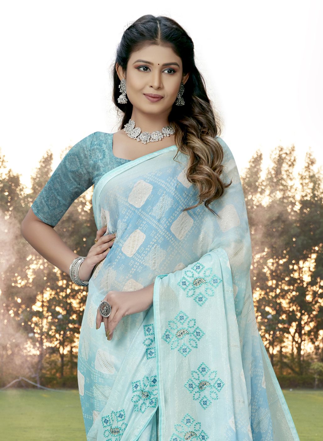 Elegant Skyblue Chiffon Art Silk Saree for Party & Wedding Wear