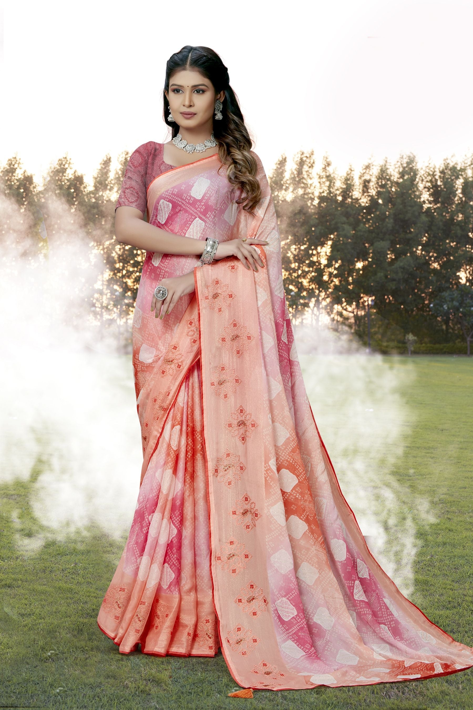 Elegant Peach Chiffon Art Silk Saree for Party & Wedding Wear