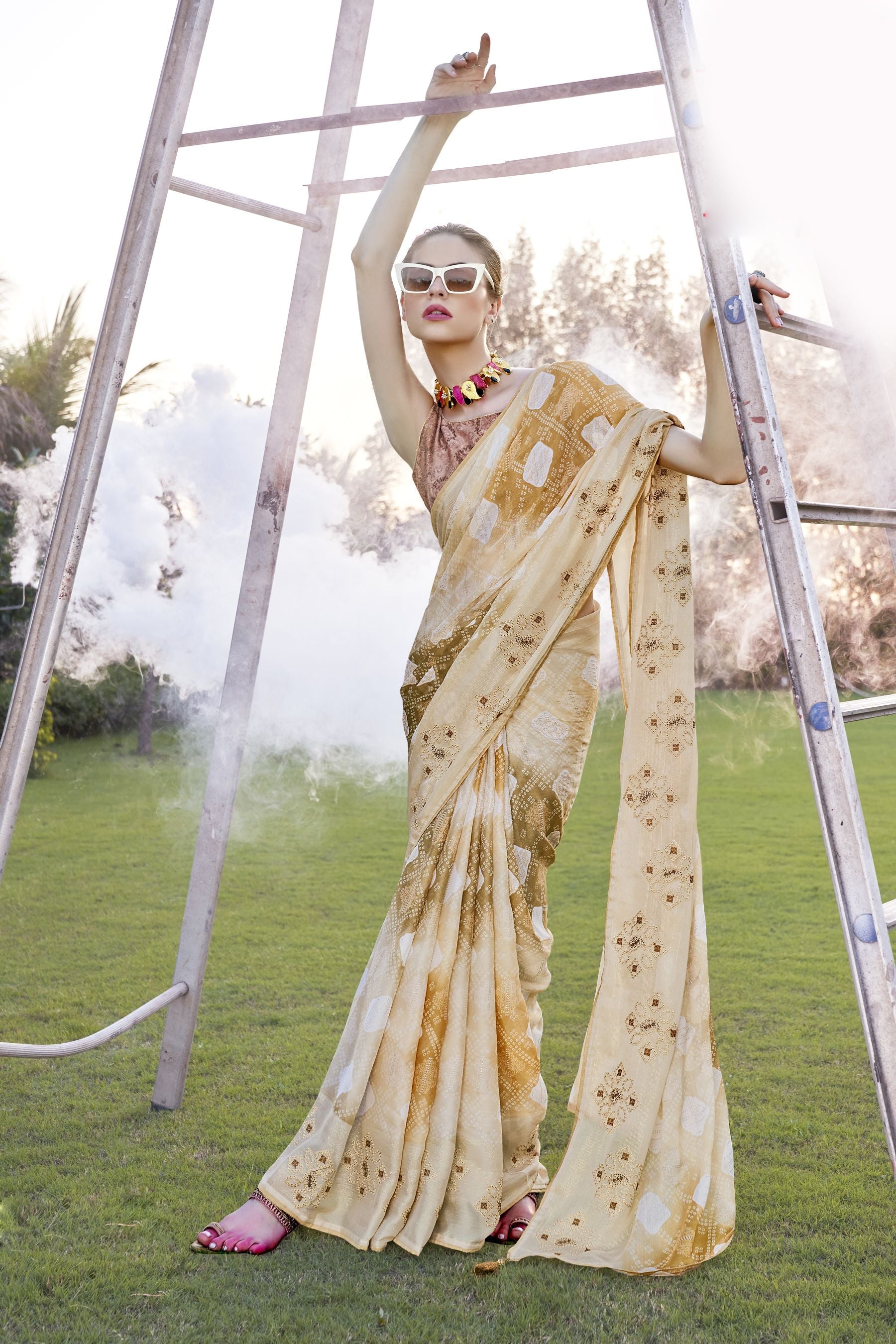 Elegant Beige Chiffon Art Silk Saree for Party & Wedding Wear