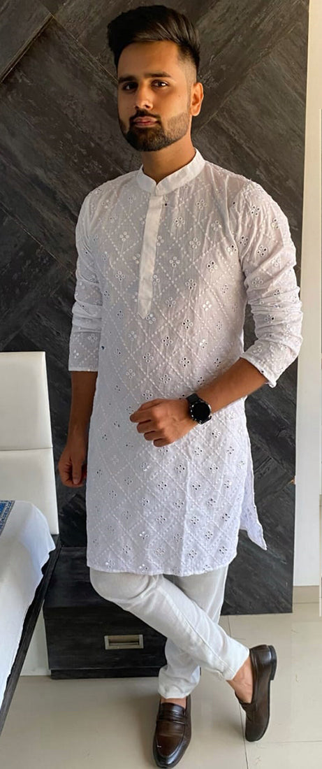 Elegant White Cotton Slub Men's Kurta for Stylish Party & Wedding Wear