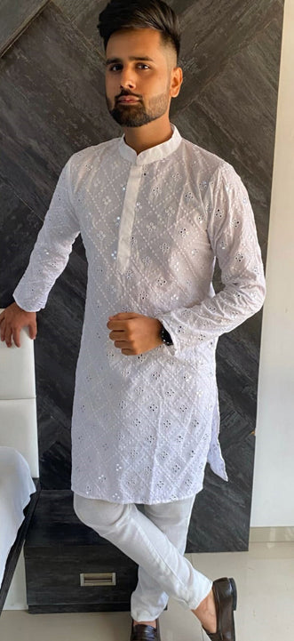 Elegant White Cotton Slub Men's Kurta for Stylish Party & Wedding Wear