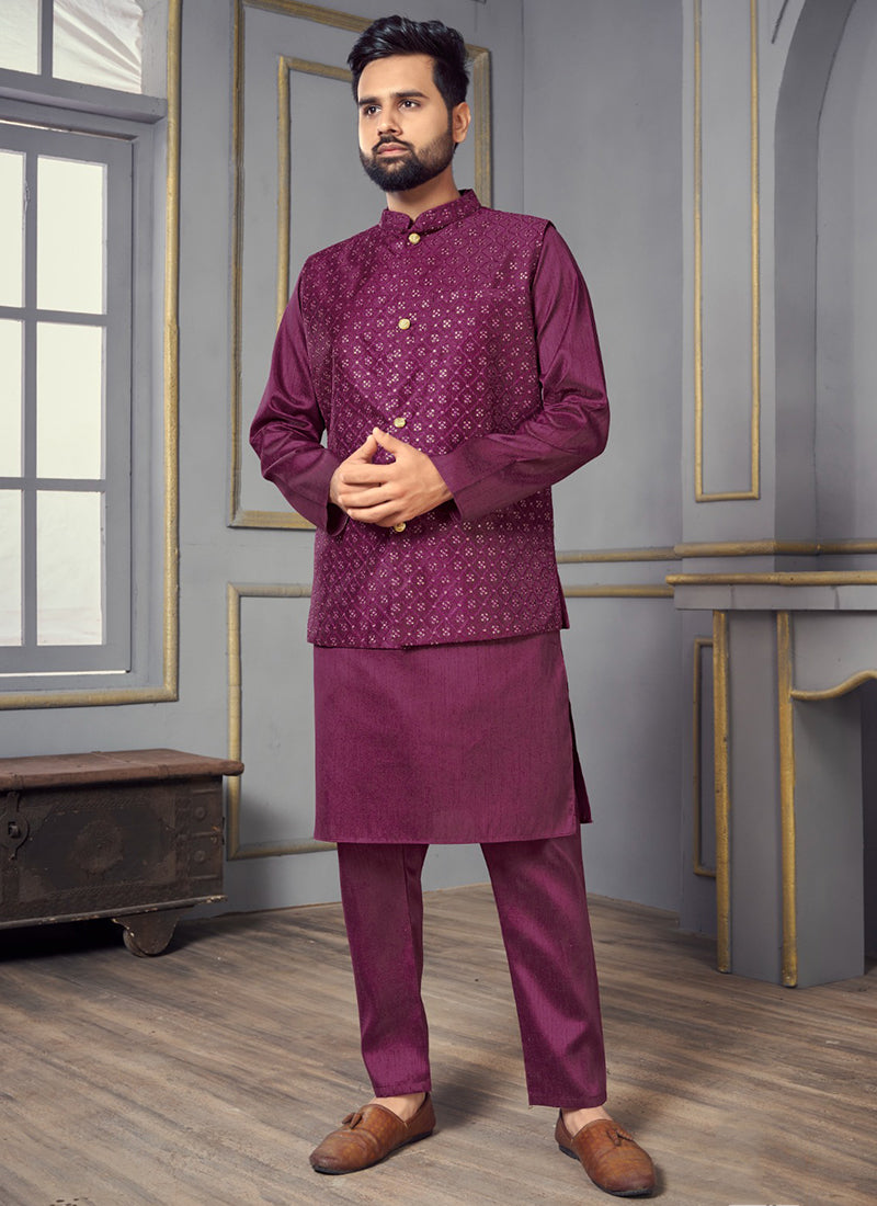 Elegant Wine Men's Kurta in Banglori Silk for Party & Weddings