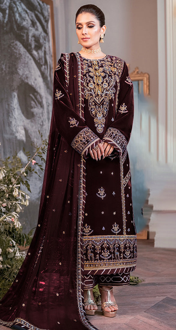 Elegant Wine Velvet Pakistani Suit with Intricate Embroidery for Weddings & Parties