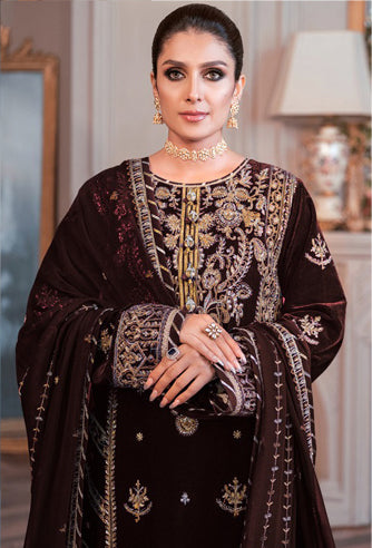 Elegant Wine Velvet Pakistani Suit with Intricate Embroidery for Weddings & Parties