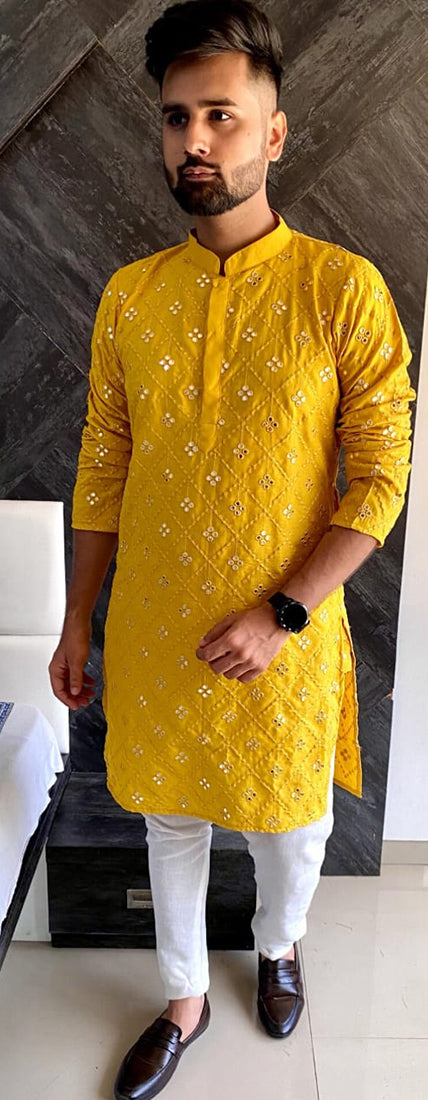 Elegant Yellow Cotton Slub Men's Kurta for Parties and Weddings