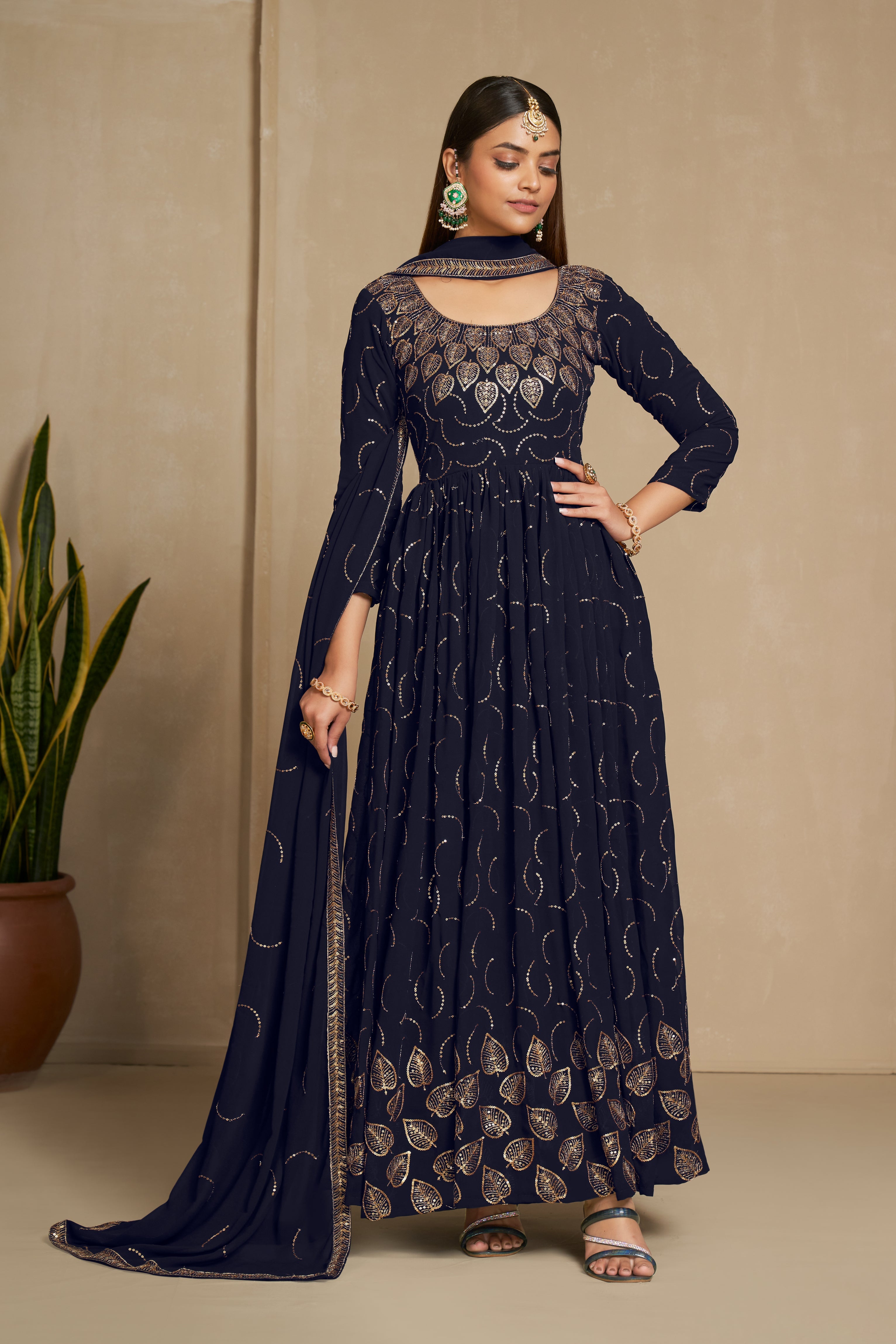 Elegant Blue Zari & Sequins Embroidered Gown in Faux Georgette for Weddings & Parties