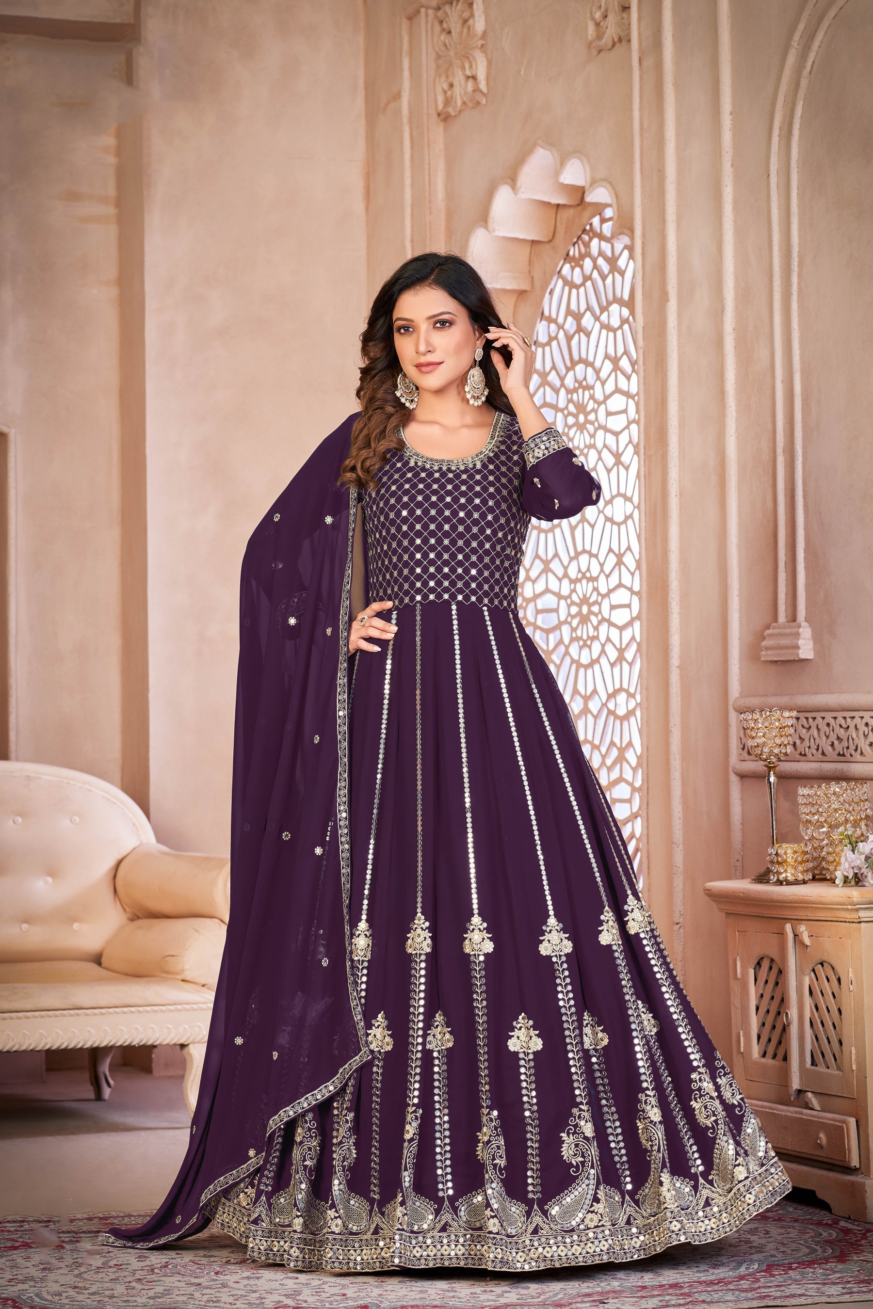 Elegant Purple Faux Georgette Gown for Weddings and Parties