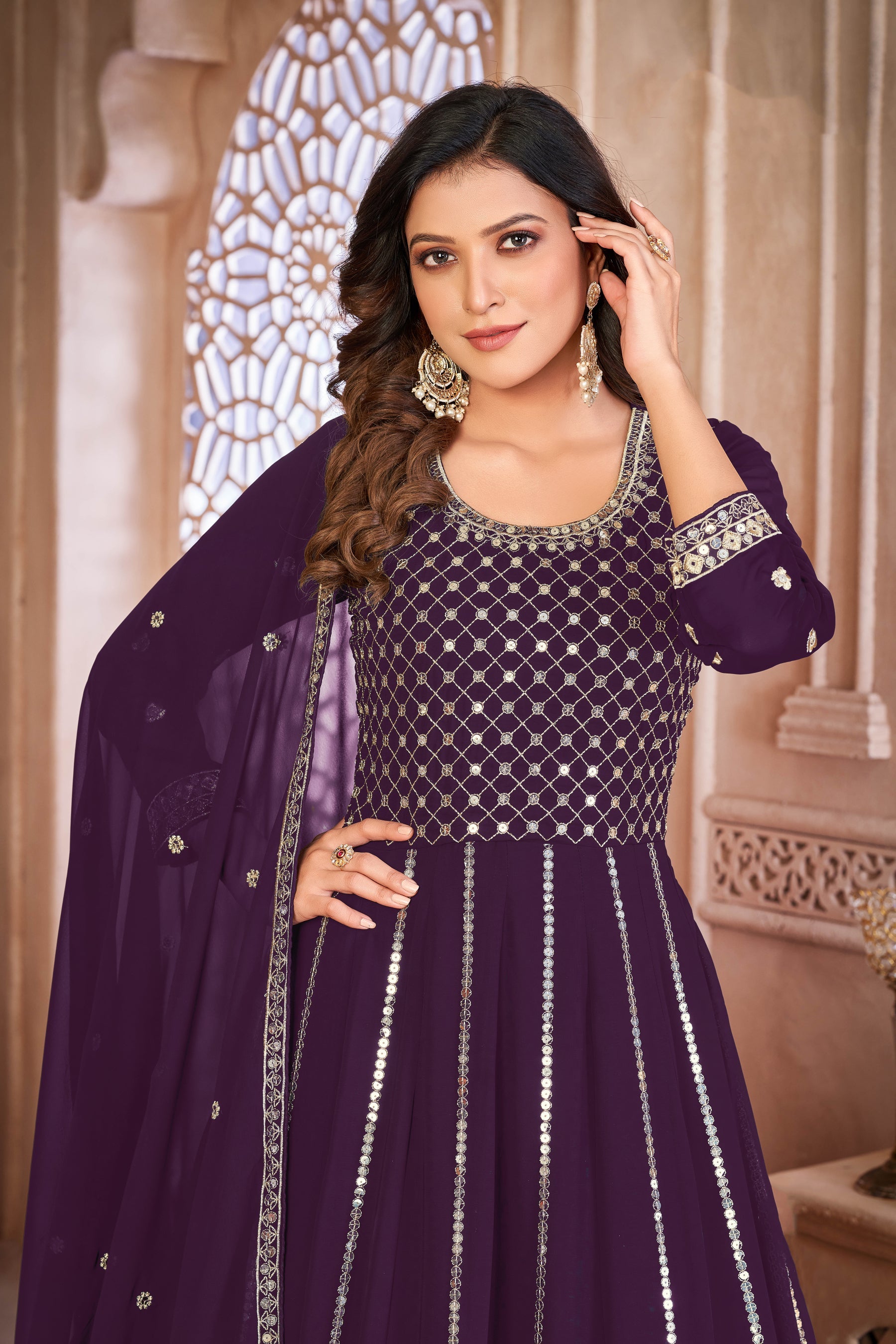 Elegant Purple Faux Georgette Gown for Weddings and Parties