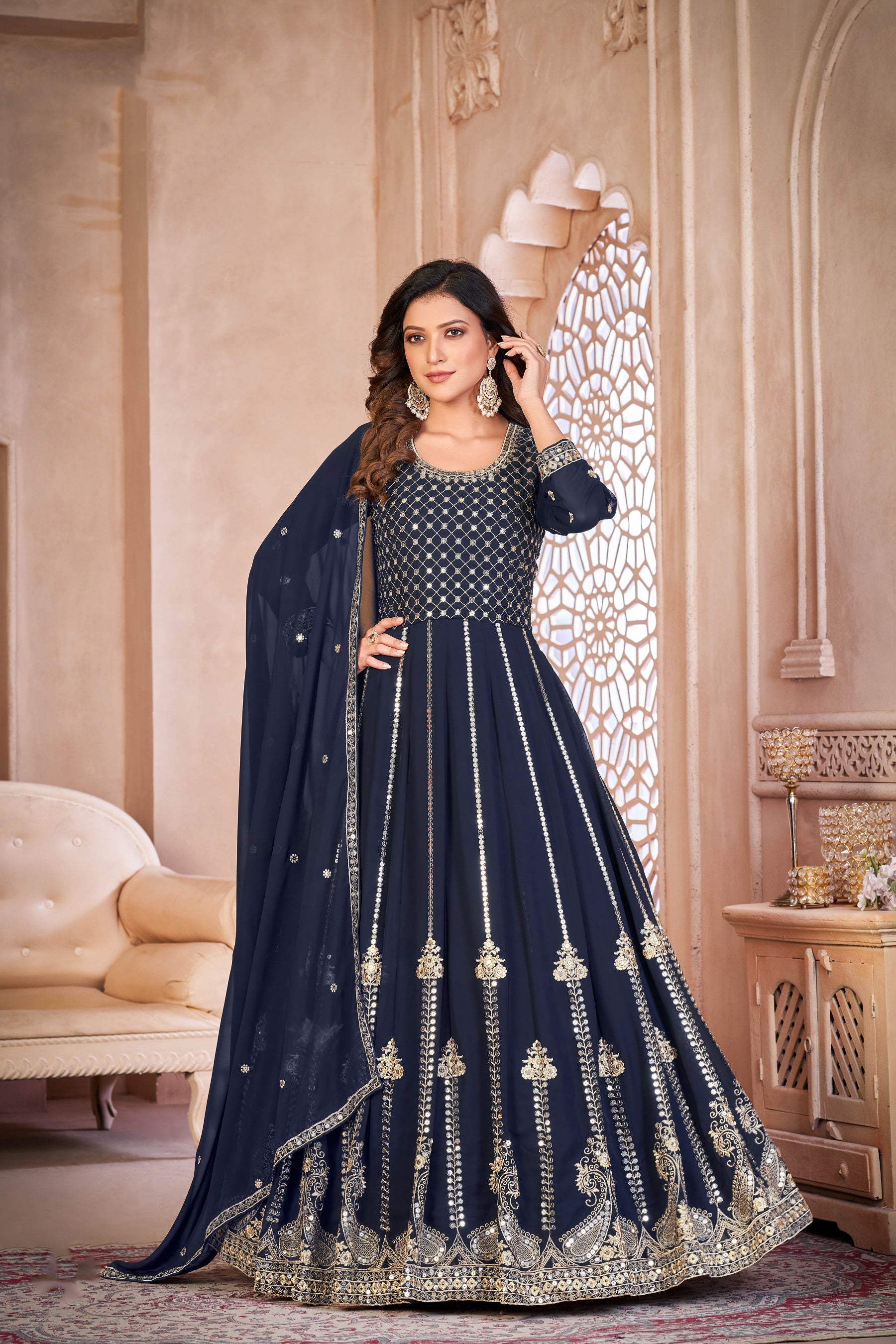 Elegant Blue Faux Georgette Gown: Perfect for Weddings and Parties!