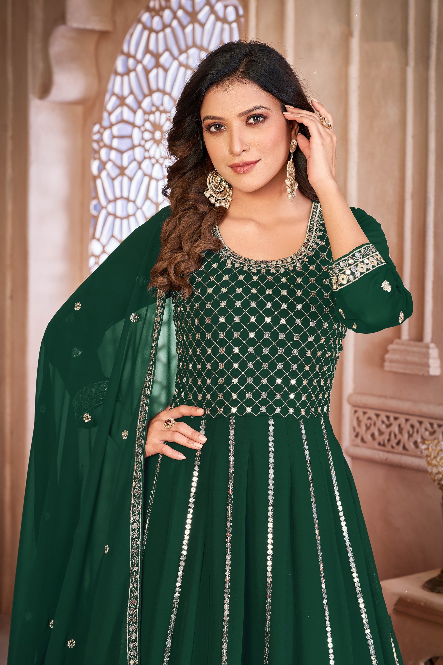 Elegant Green Faux Georgette Gown: Perfect for Weddings and Parties!