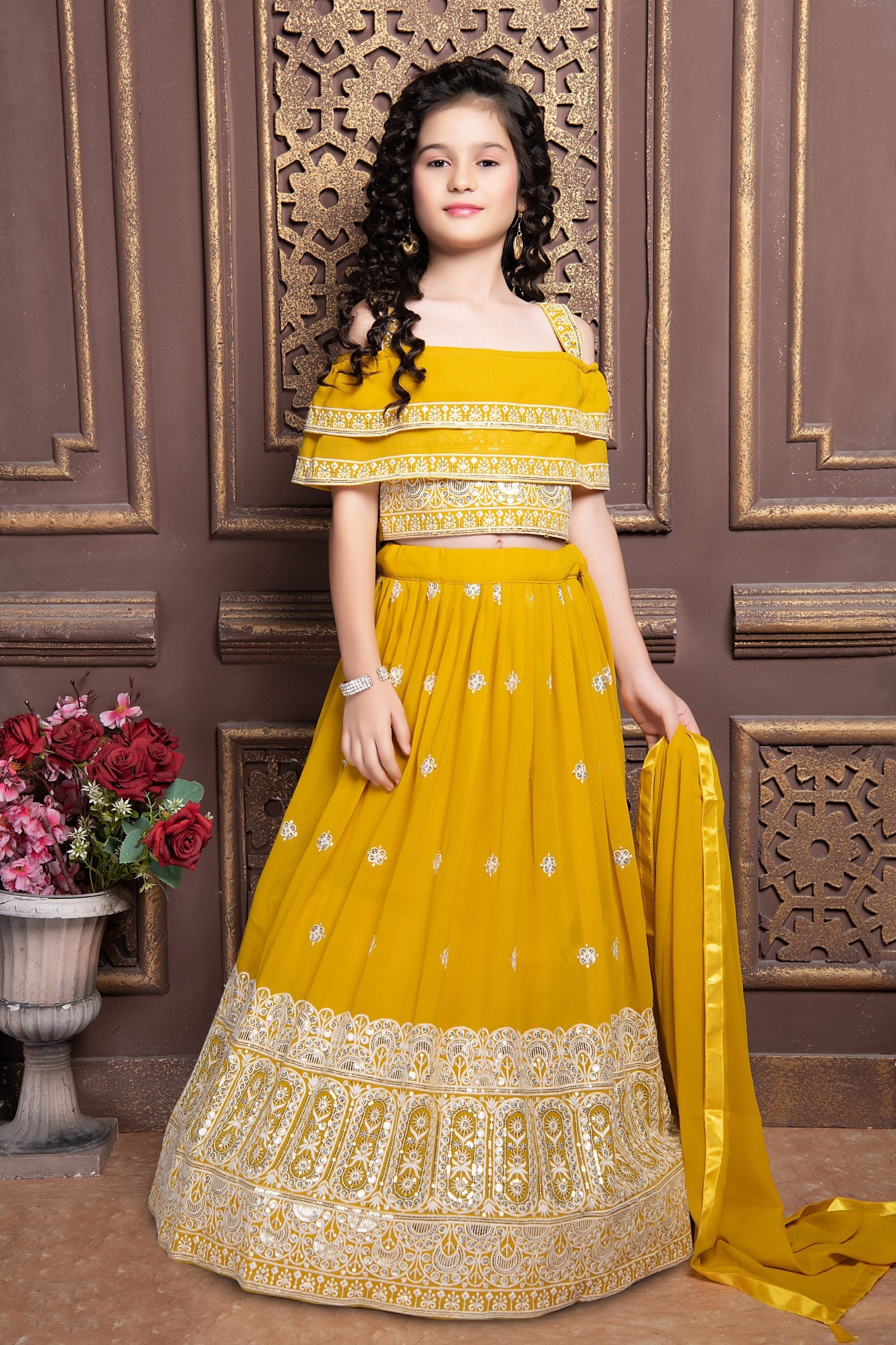 Yellow Kidswear Sharara Suit: Elegant White Thread Sequin Embroidery for Parties & Weddings