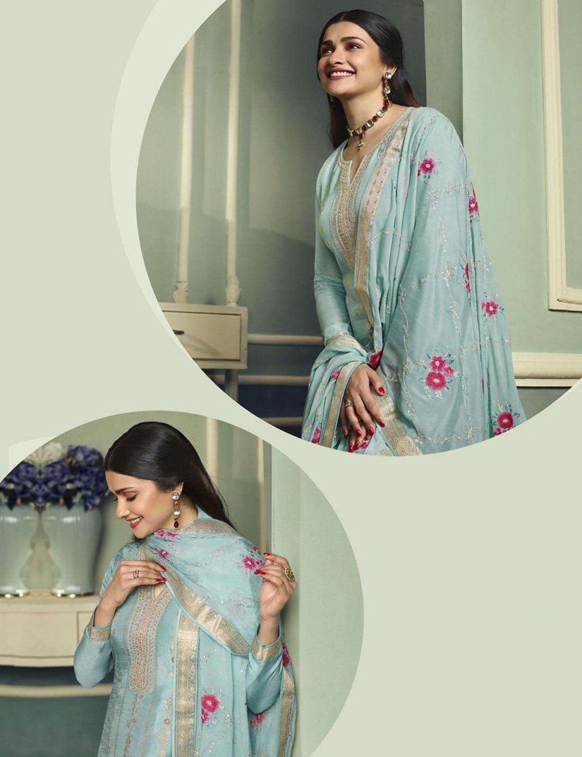 Elegant Seablue Salwar Suit with Dola Jacquard and Double Zari Top