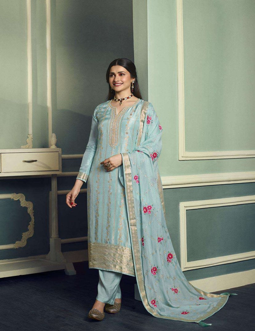 Elegant Seablue Salwar Suit with Dola Jacquard and Double Zari Top