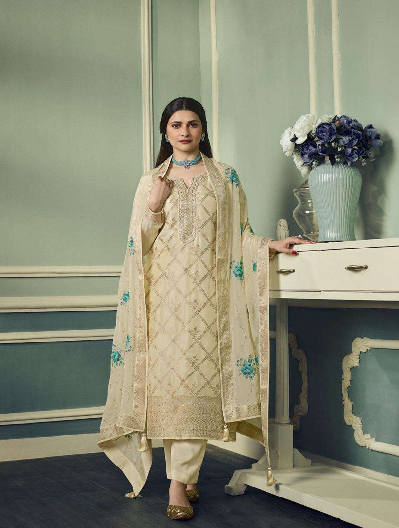 Elegant Cream Salwar Suit with Embroidered Silk Georgette Dupatta