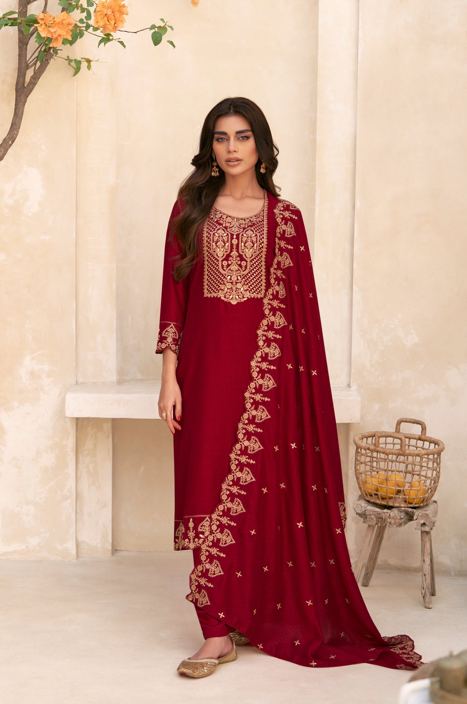 Red Butti Silk Salwar Suit for Wedding and Party Elegance