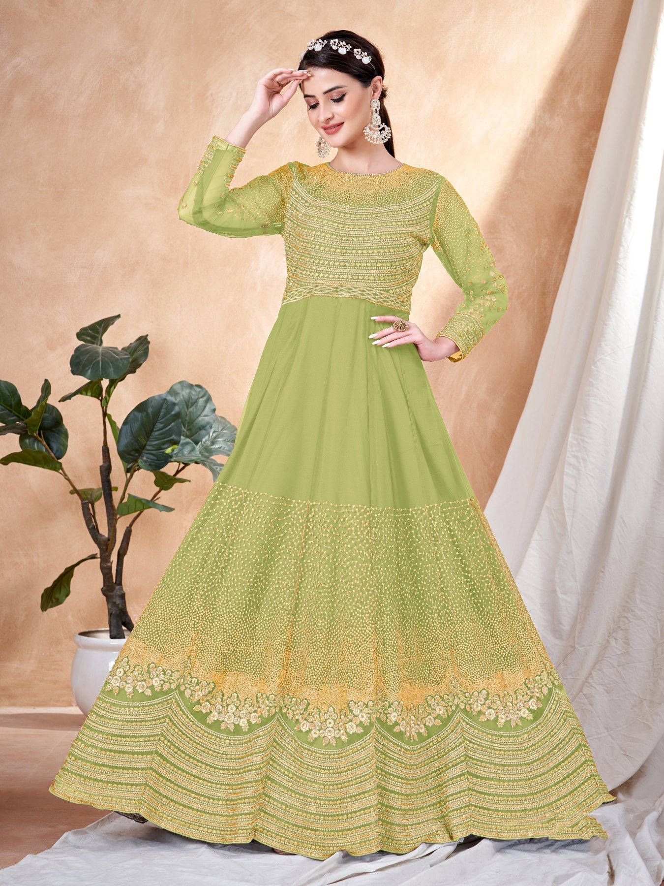 Elegant Green Gown in Ethereal NET Fabric for Weddings and Parties